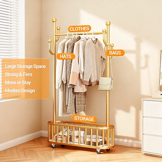 BebreezChic 315in Floor Clothes Rack with Storage Basket, Mobile, Hooks, Gold