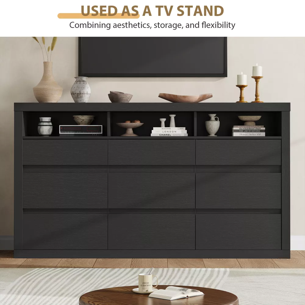 9 Drawer Modern Wooden Dresser with 3 Open Shelves, Handleless Storage Chest for Bedroom Living Room