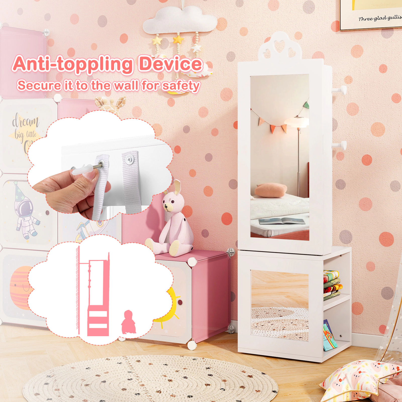 SUGIFT 3-in-1 Kids Jewelry Armoire with Full-Length Mirror Rear Hooks and Shelves for Bedroom Storage