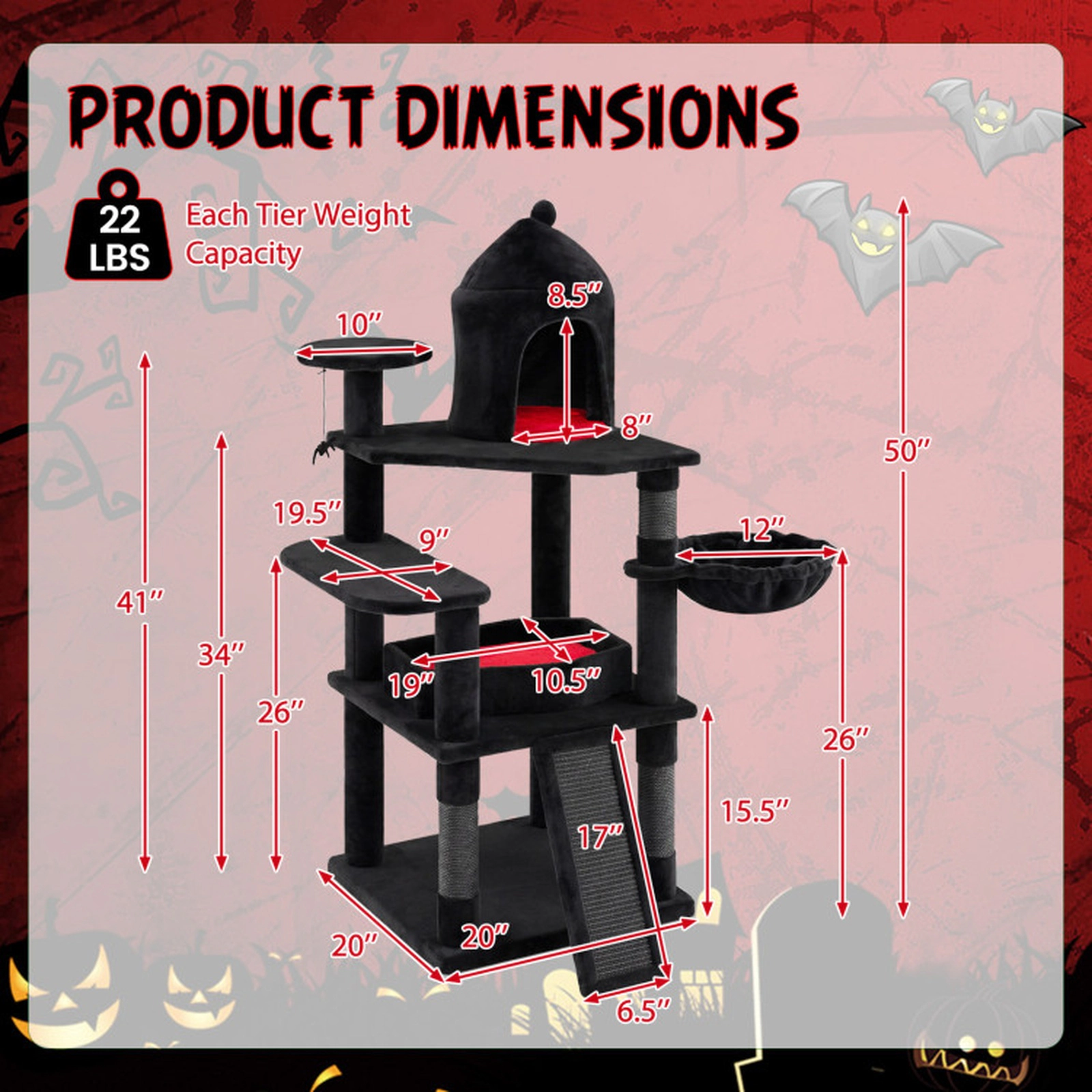 SUGIFT 50-in Gothic Cat Tree with Castle Condo Coffin Bed Rotating Basket Sisal Ramp and Anti-Tip Kit