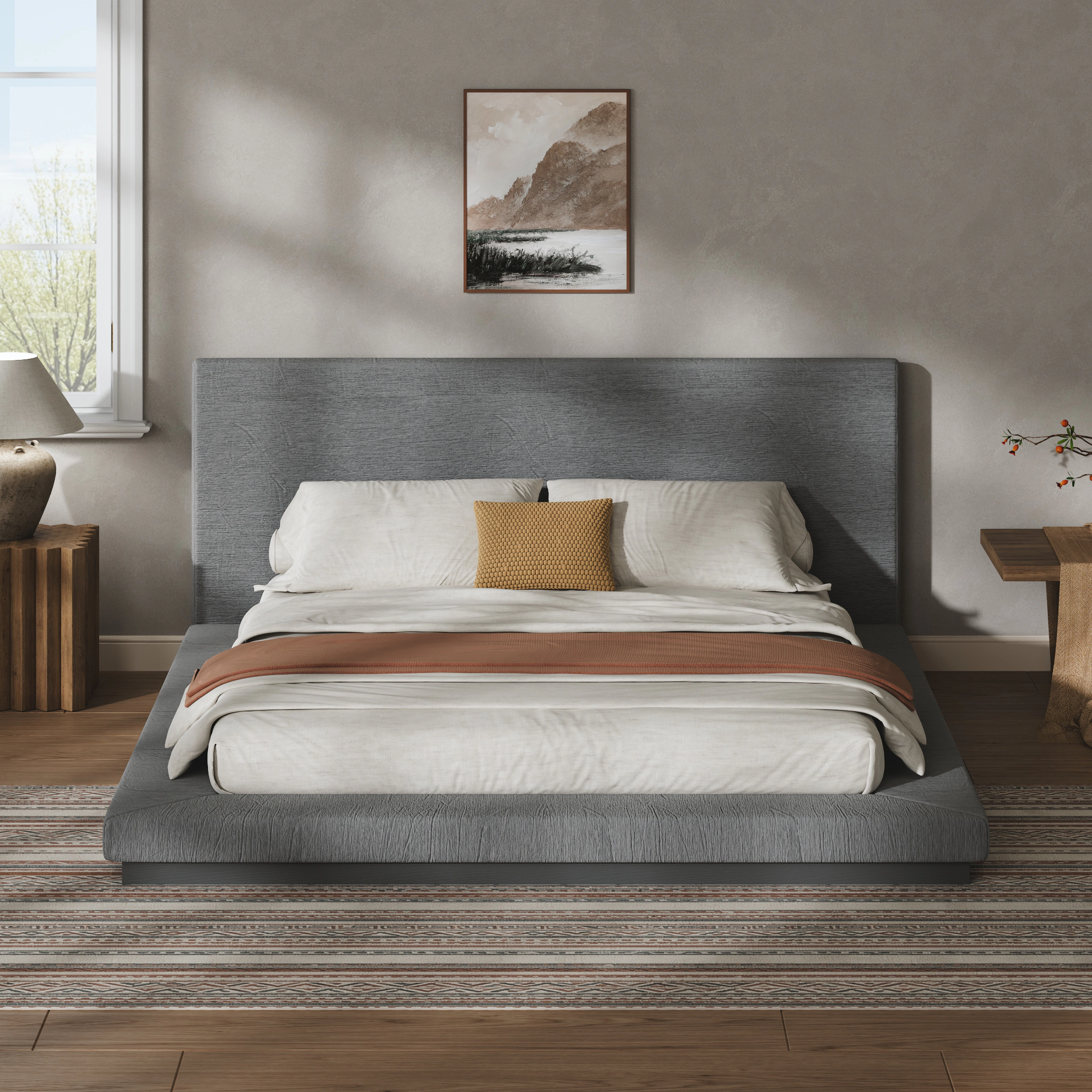 Flynama Queen Floating Bed with Padded Headboard, Low Profile Metal Slat Base, Gray