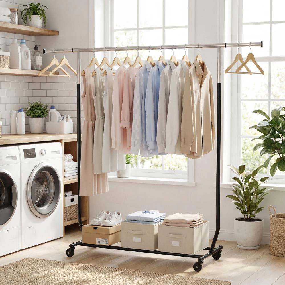 Hivvago Rolling Clothes Rack Extendable Garment Stand For Hanging Clothes