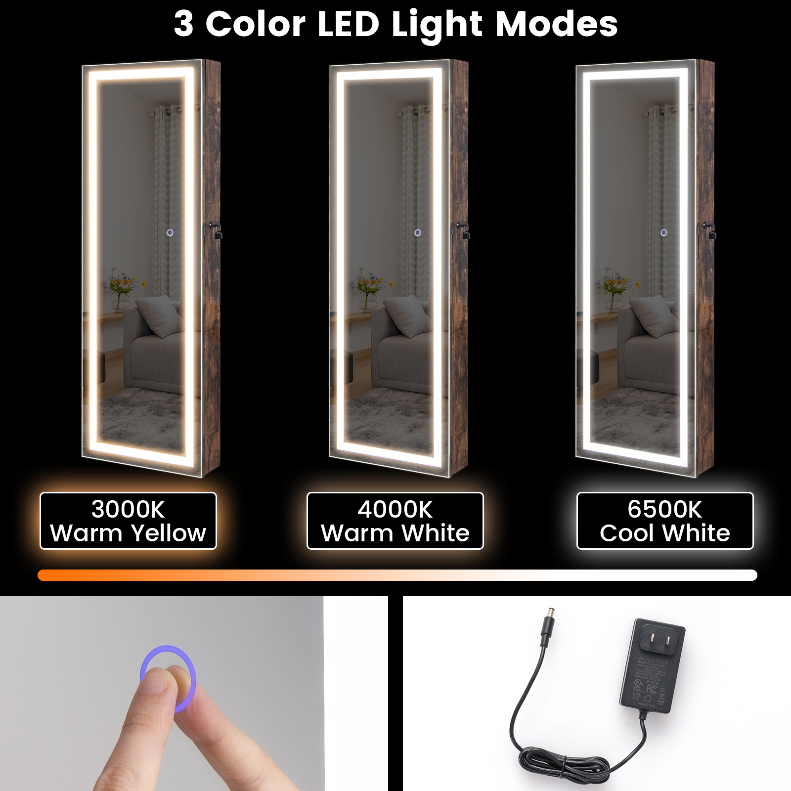 SUGIFT Wall or Door Mounted Mirrored Jewelry Armoire with Full Length Mirror with 2 Internal LED Lights Rustic Brown