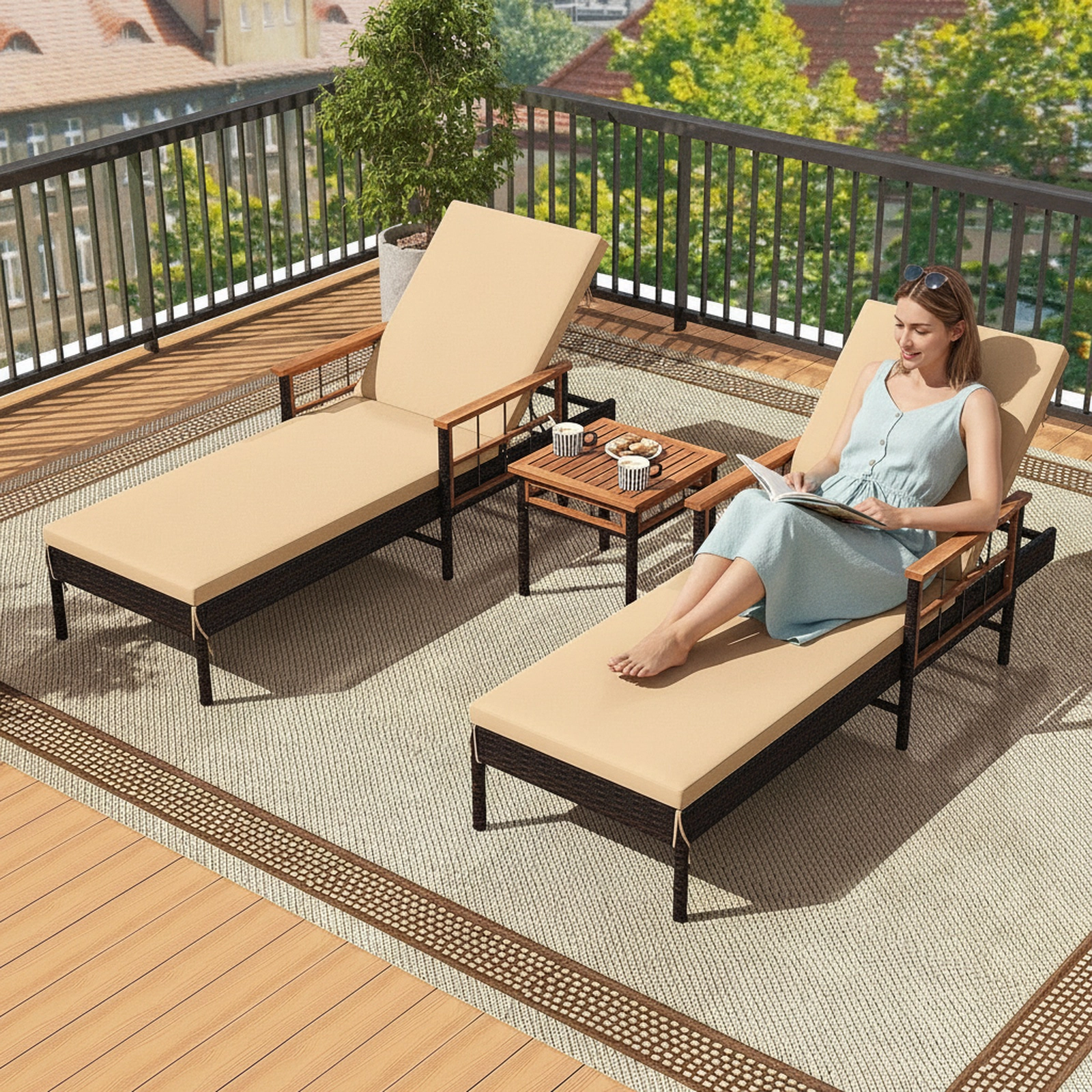 3-Piece Patio Chaise Lounge Set, 2 PE Rattan Loungers, Brown