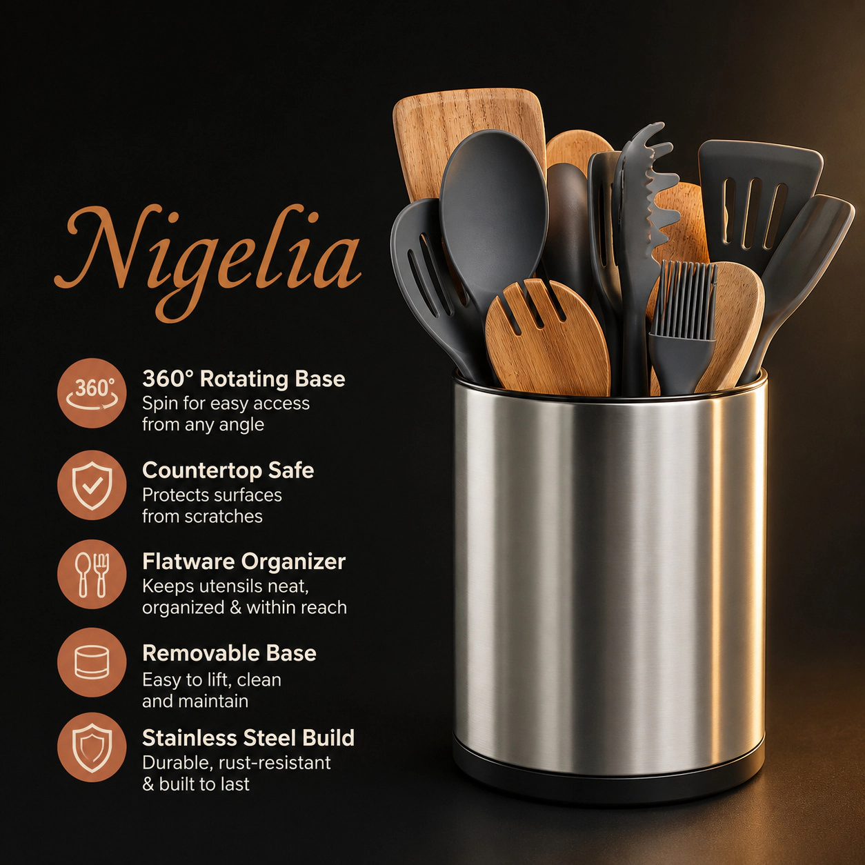 WZK 360 Degree Rotating Stainless Steel Kitchen Utensil Holder