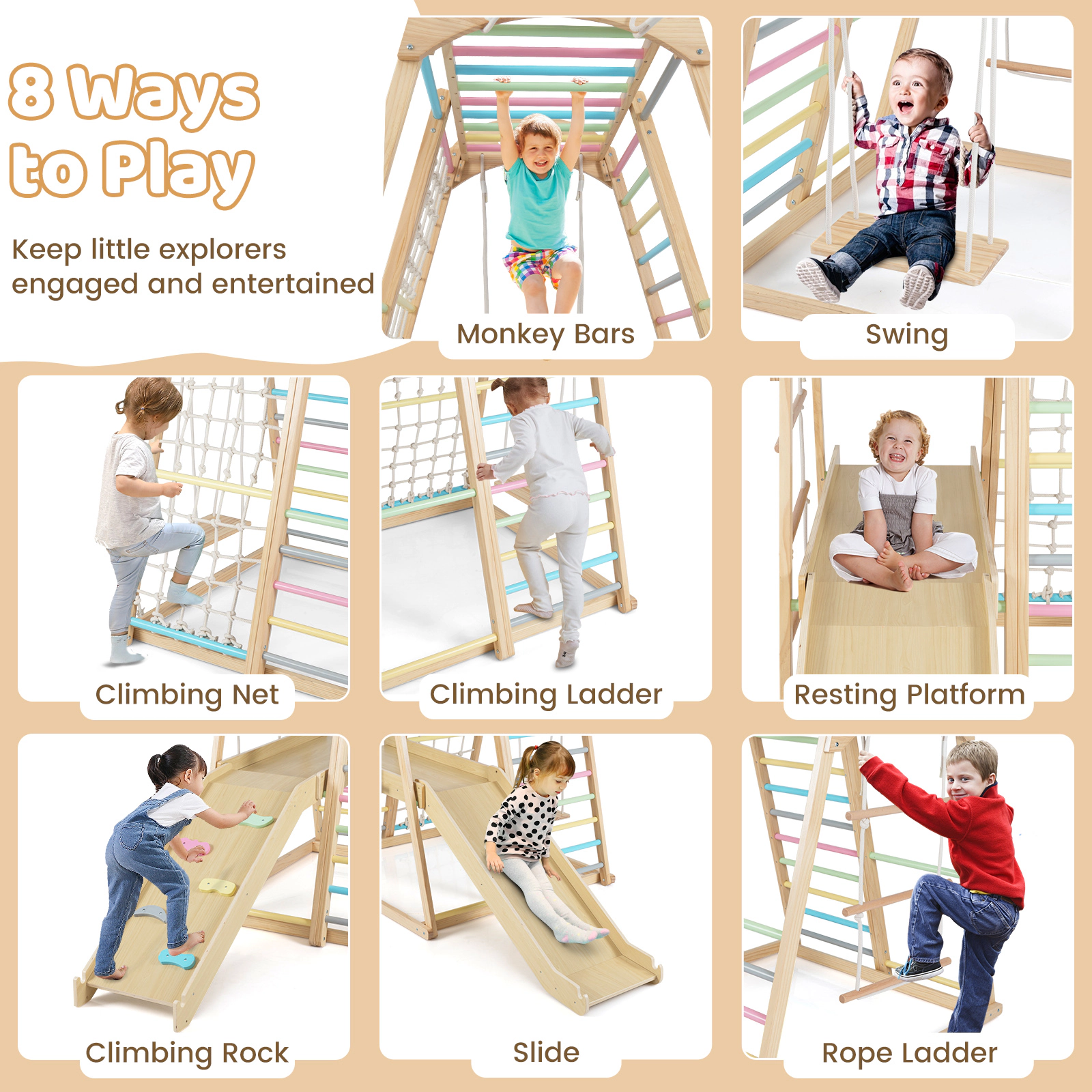 LJG 8-in-1 Jungle Gym Wooden Montessori Climber Playset with Slide and Monkey Bar for Kids 3-5 Years Old