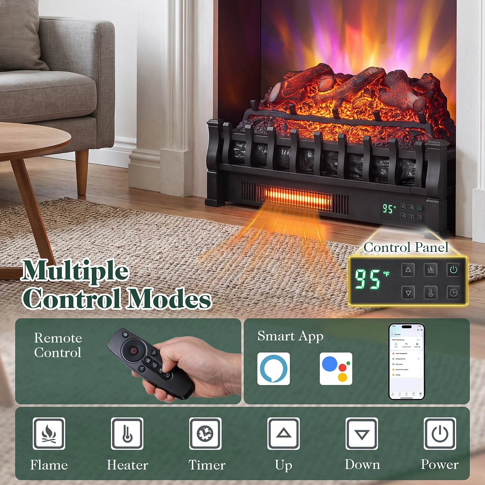 SUGIFT 23-Inch Electric Fireplace Log Insert with Wi-Fi App and Remote Control Black
