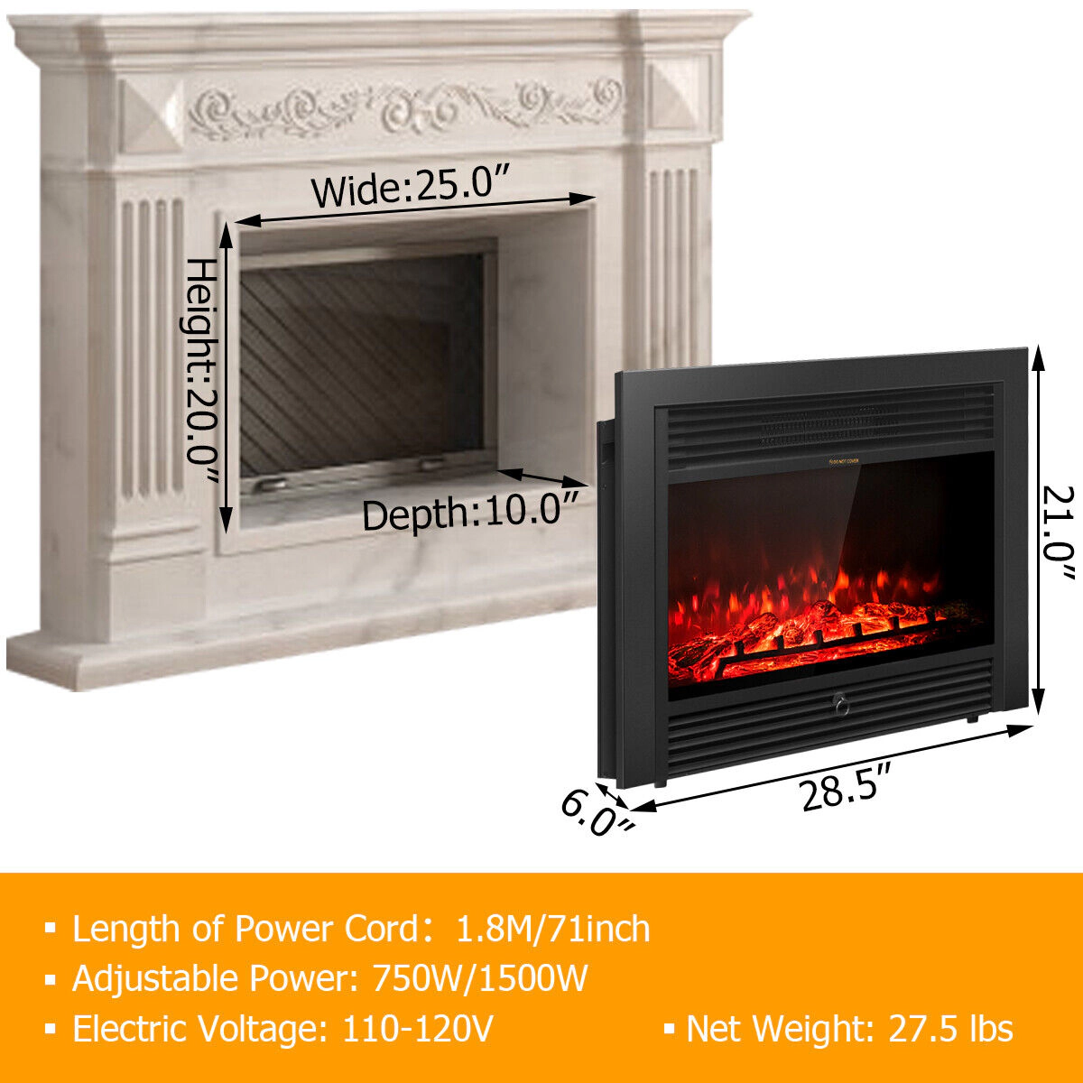 SlickBlue Wall Mounted Electric Fireplace with Remote Control