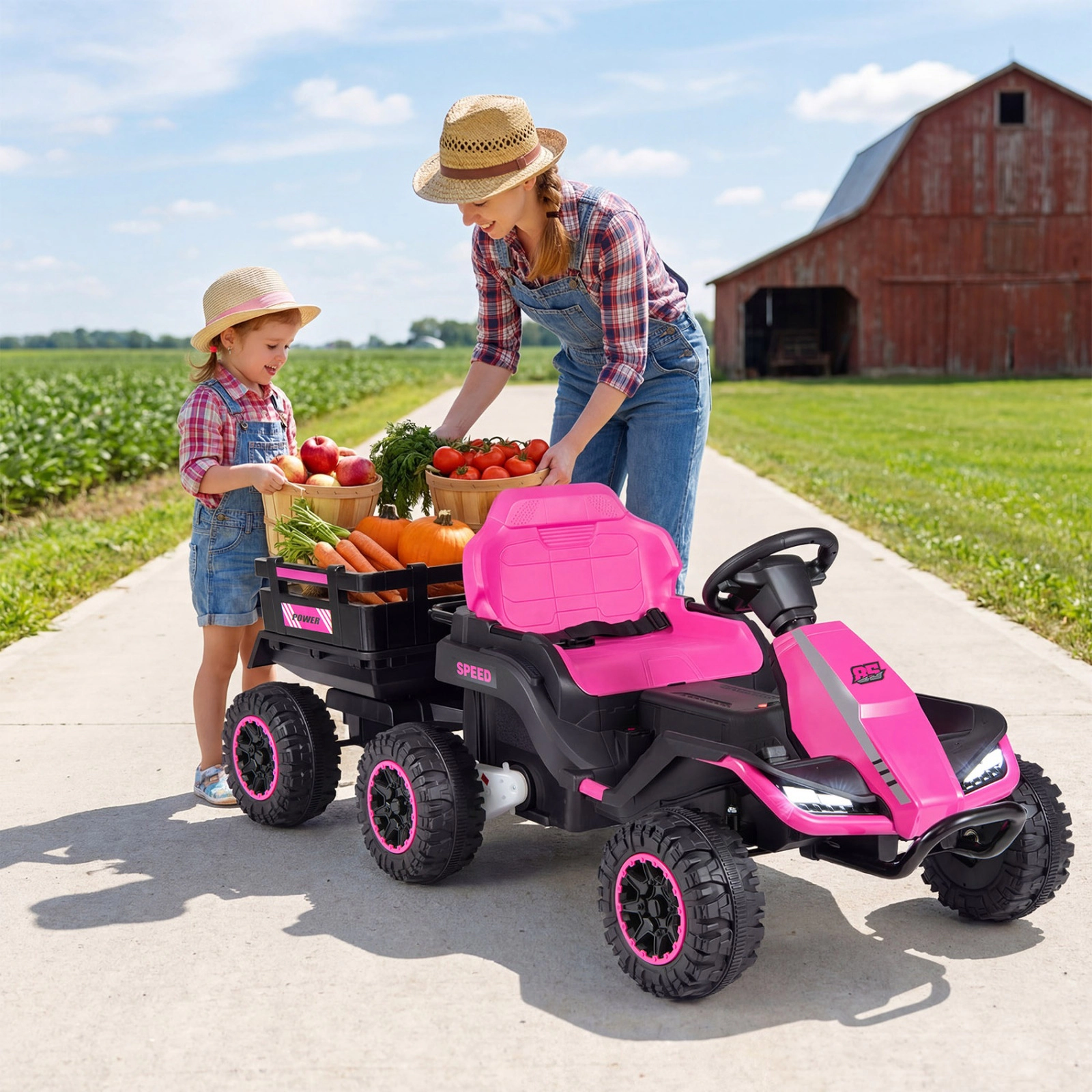 SUGIFT 24V Ride On Tractor with Detachable Trailer and Music 66-lb Capacity Ages 3+ 60-in Ride-On Car Pink