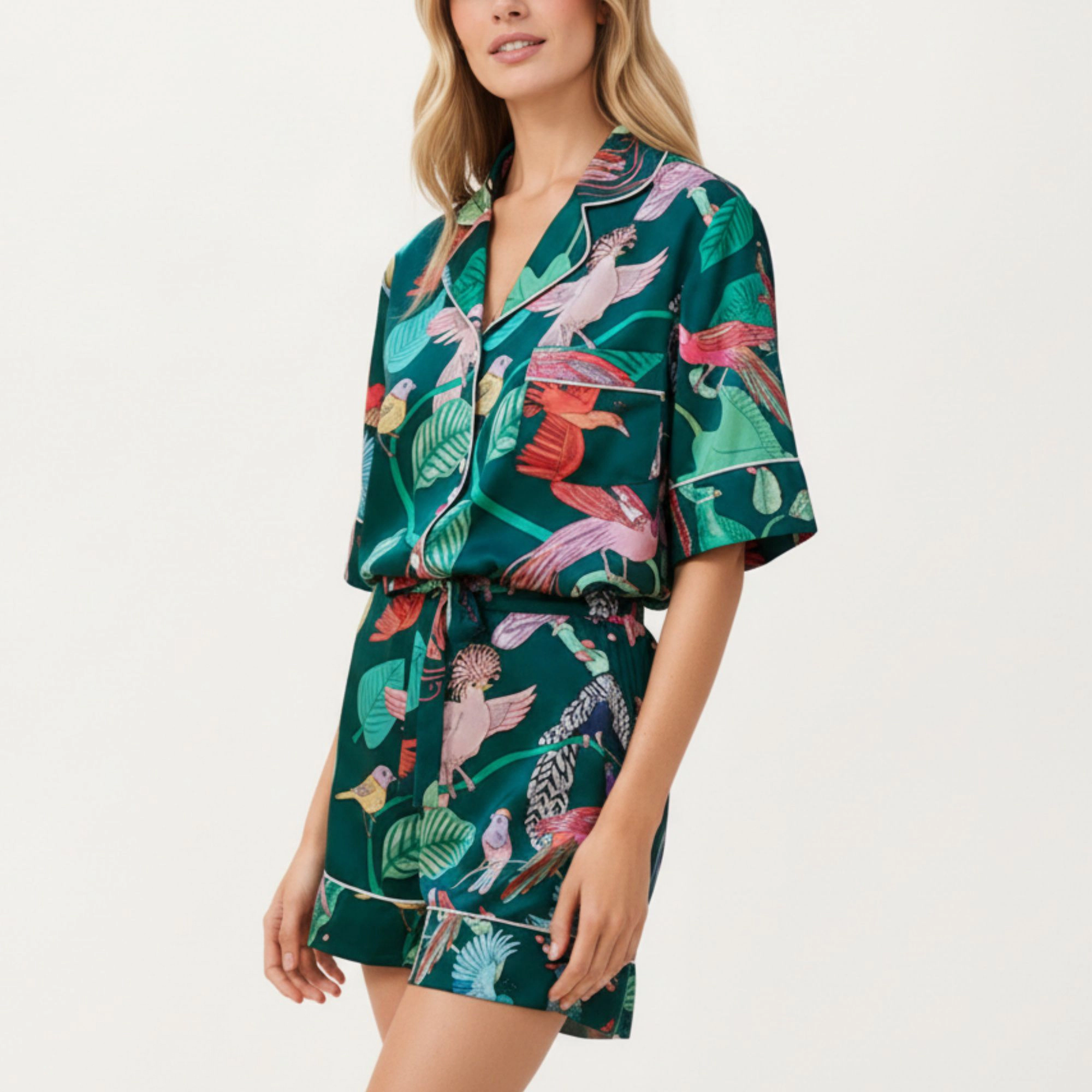 Anna-Kaci Women's Tropical Bird Print Satin Pajama Set Short Sleeve Button Up Top and Relaxed Fit Elastic Waist Shorts