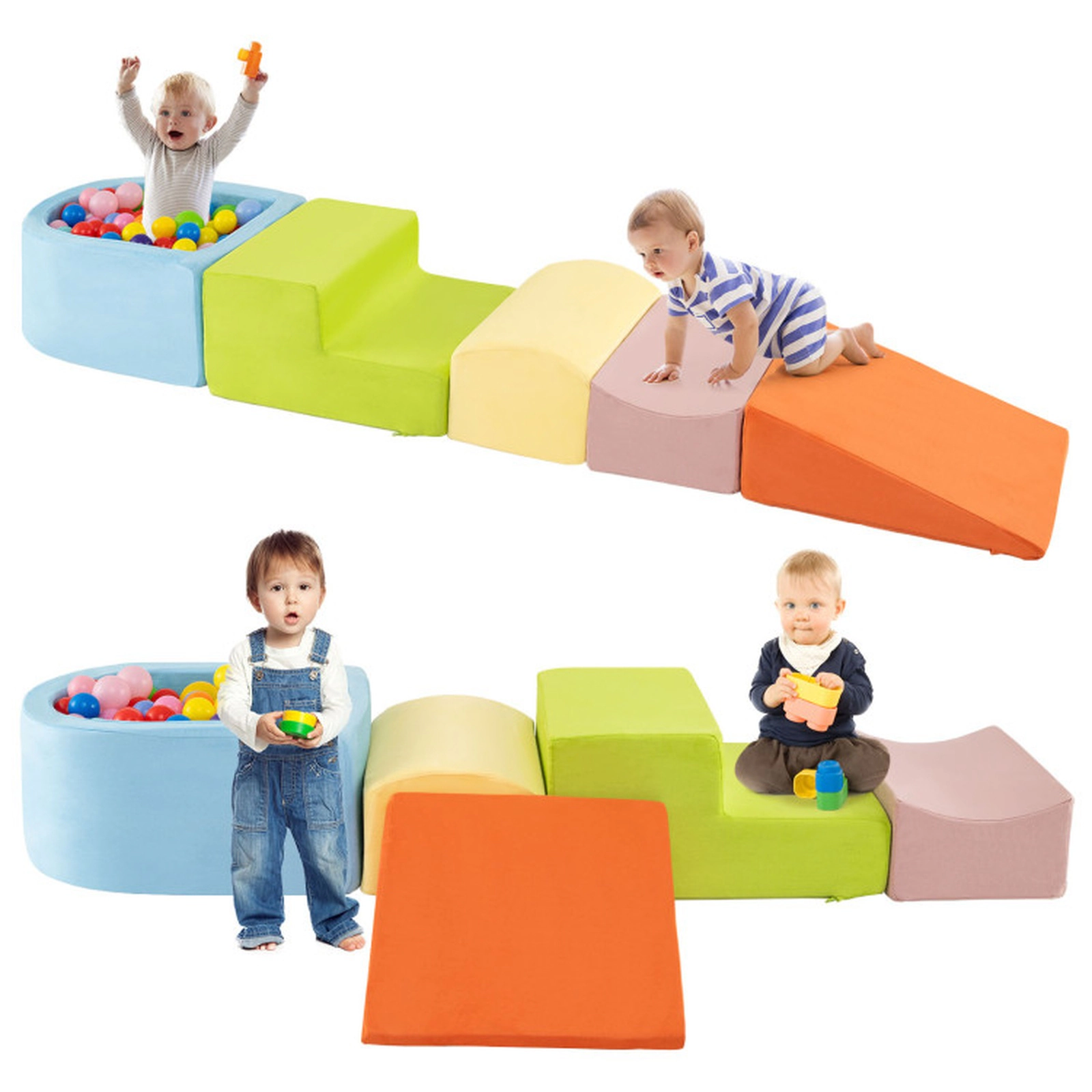 SUGIFT 5-Piece Suede Climb and Crawl Playset with Ball Pit for Kids Ages 3+ Gray/Pink/Multicolor