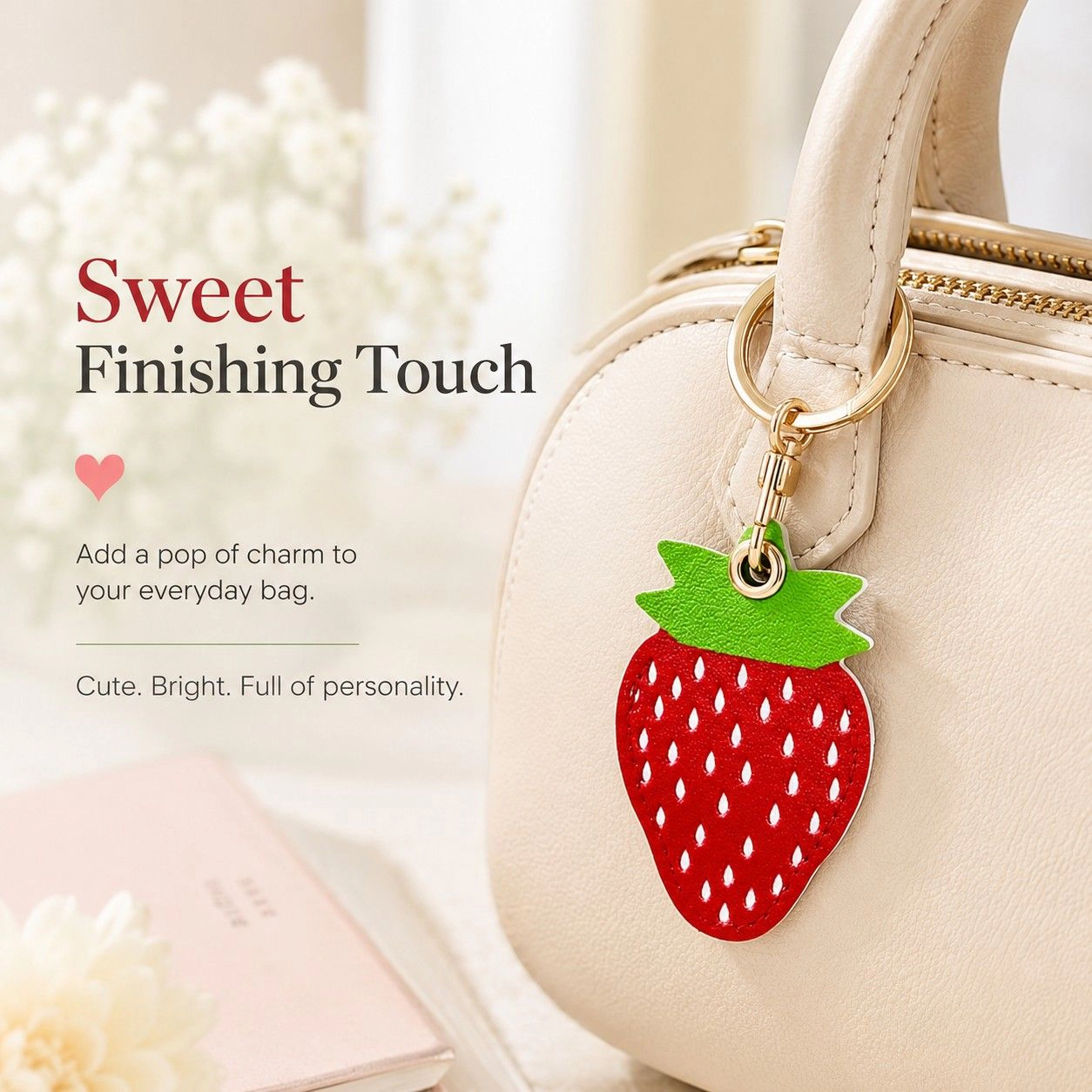 Alilang Women's Double-Sided Fruit Bag Charm Keychain with Stitched Detail and Gold-Tone Ring, Strawberry Red