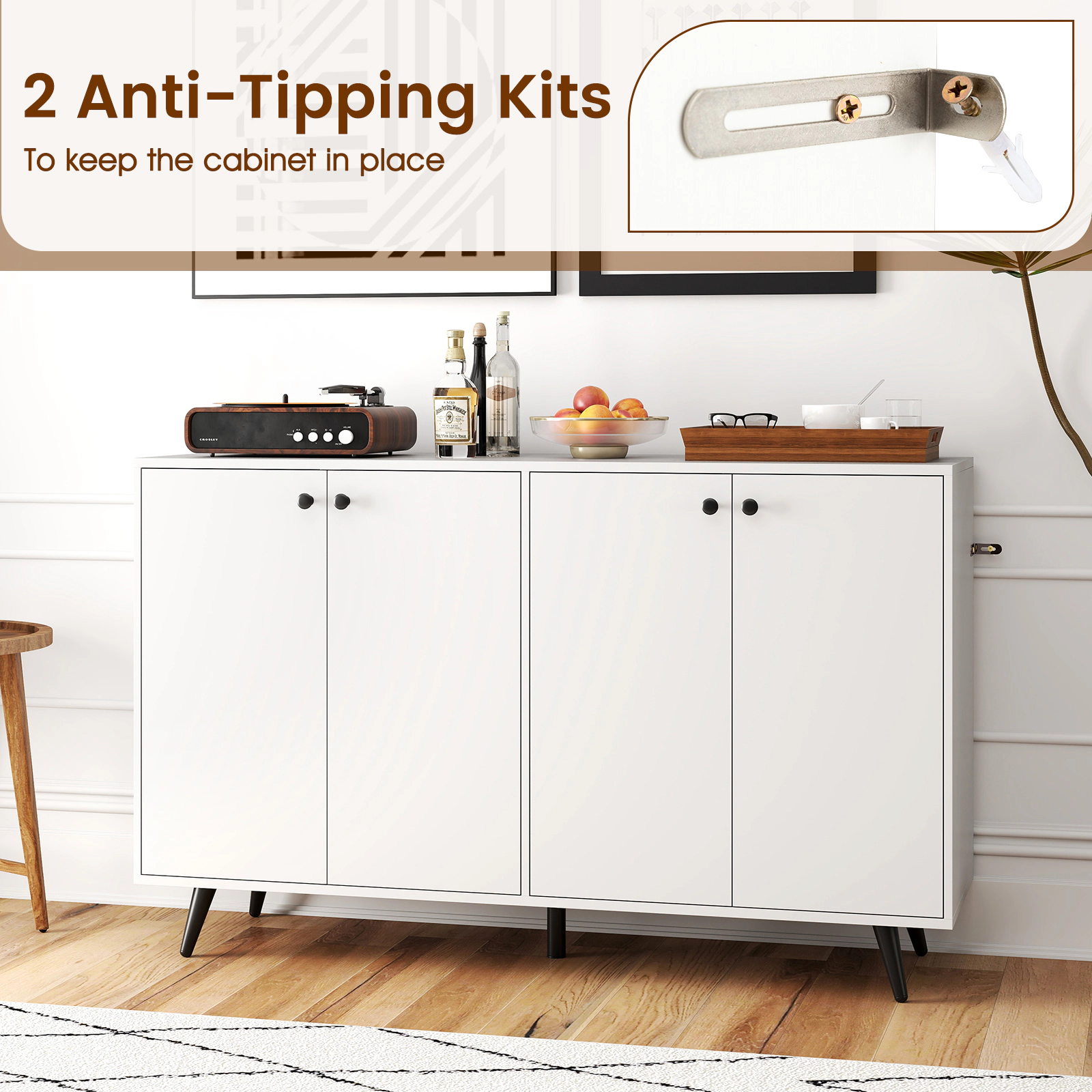 SUGIFT 50-in 90-lb Tabletop White Mid-Century Modern Buffet Sideboard with 4 Doors and 5-Position Shelves
