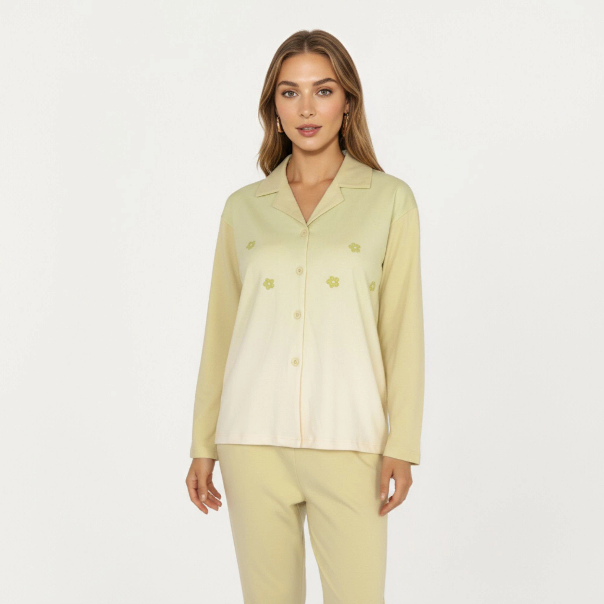 Anna-Kaci Women's 2-Piece Long Sleeve Button Front Top and Relaxed Fit Pants Pajama Set with Minimalist Floral Detail
