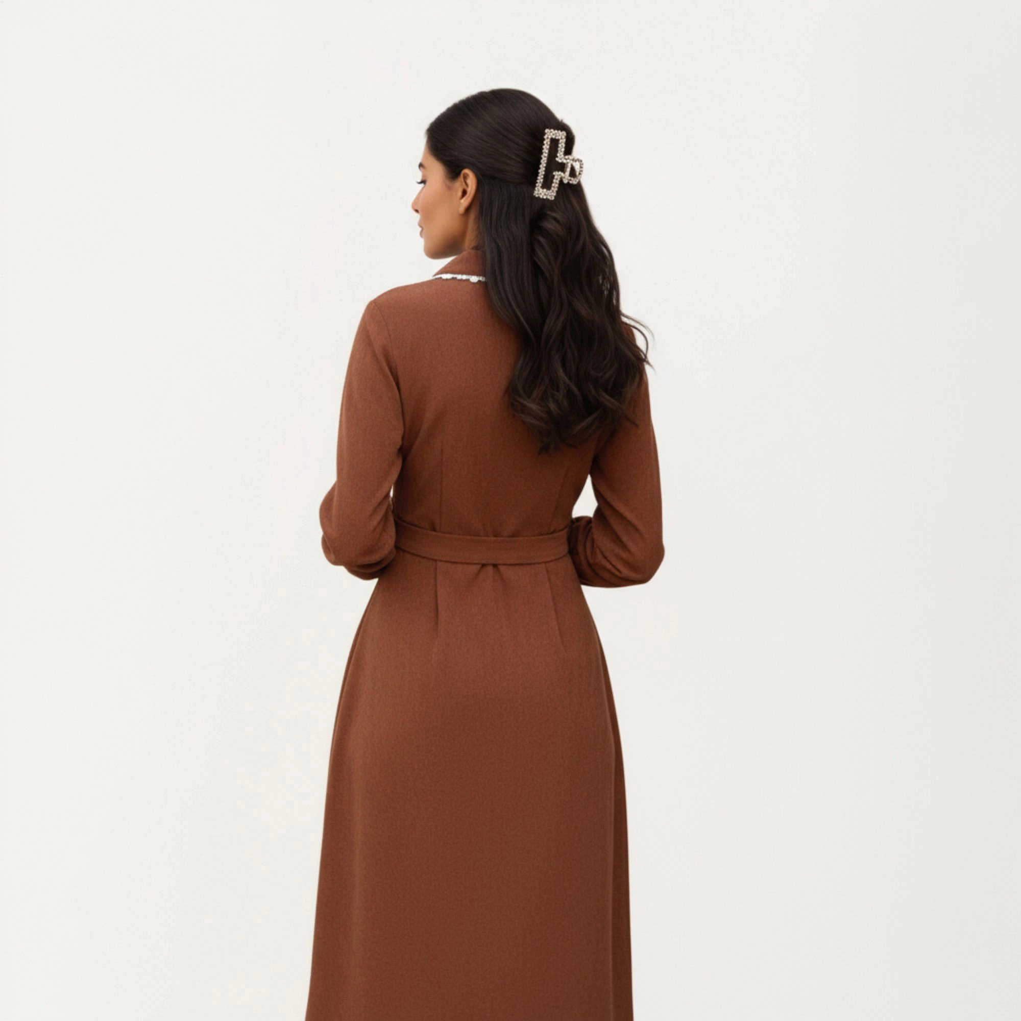 Anna-Kaci Women's Long Sleeve Button Front Belted Waist Trimmed Collar Midi Dress