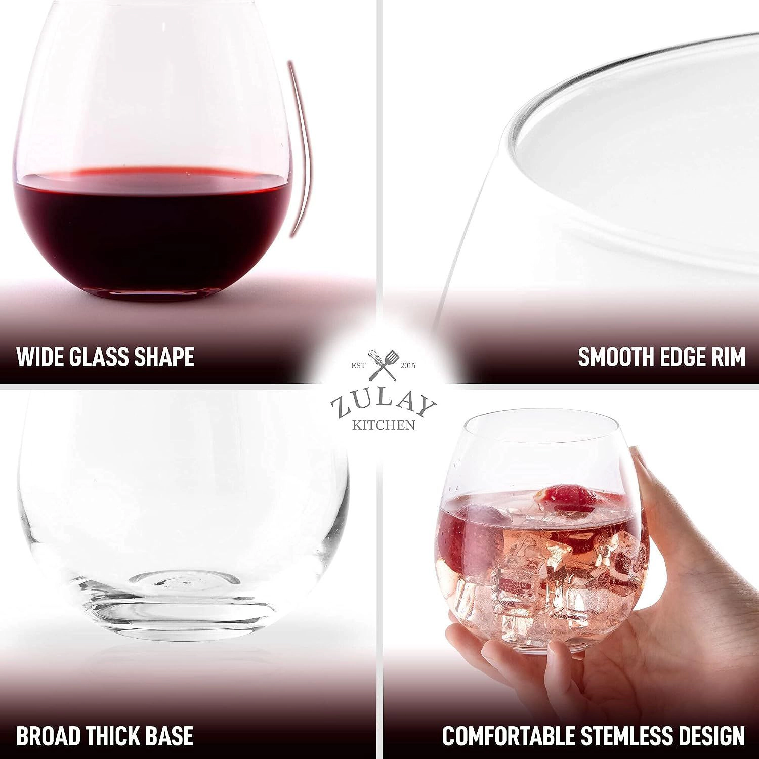 Zulay Kitchen Premium Class Stemless Wine Glasses Set of 4 - 14.5 Ounce Stemless Wine Glass Set For Red & White Wine