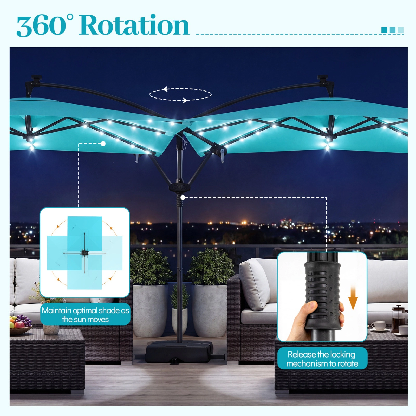 SUGIFT Solar-Powered LED Offset Cantilever Patio Umbrella 360° Rotation 8 x 8 in Canopy 116-lb Sandbag Base Turquoise
