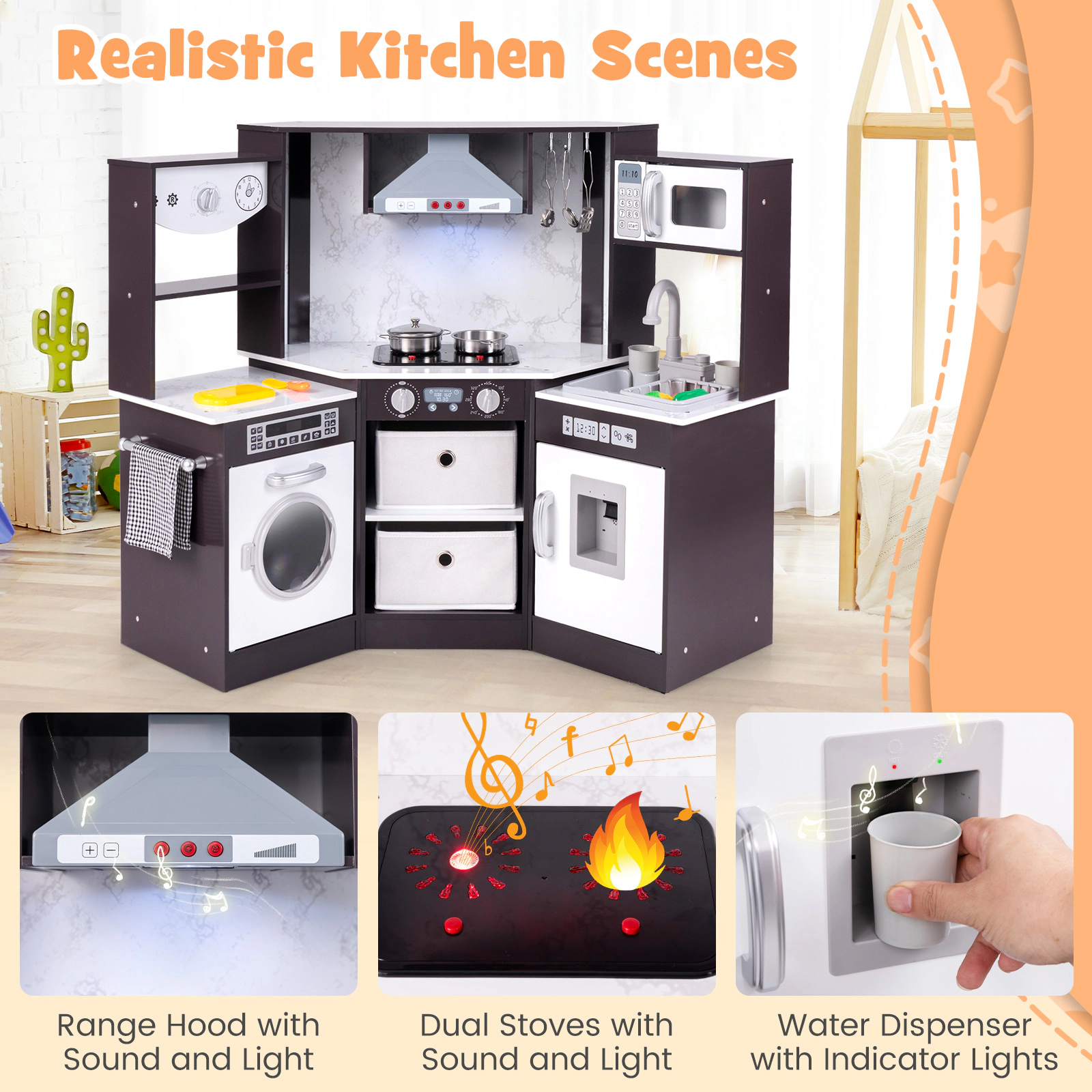 Hivvago Wooden Kids Play Kitchen Playset with Realistic Lights and Sounds