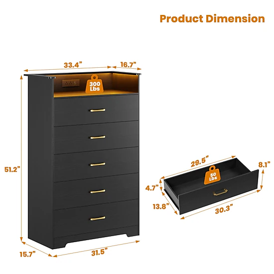 BebreezChic 5-Drawer LED Dresser with Charging Station,BLACK
