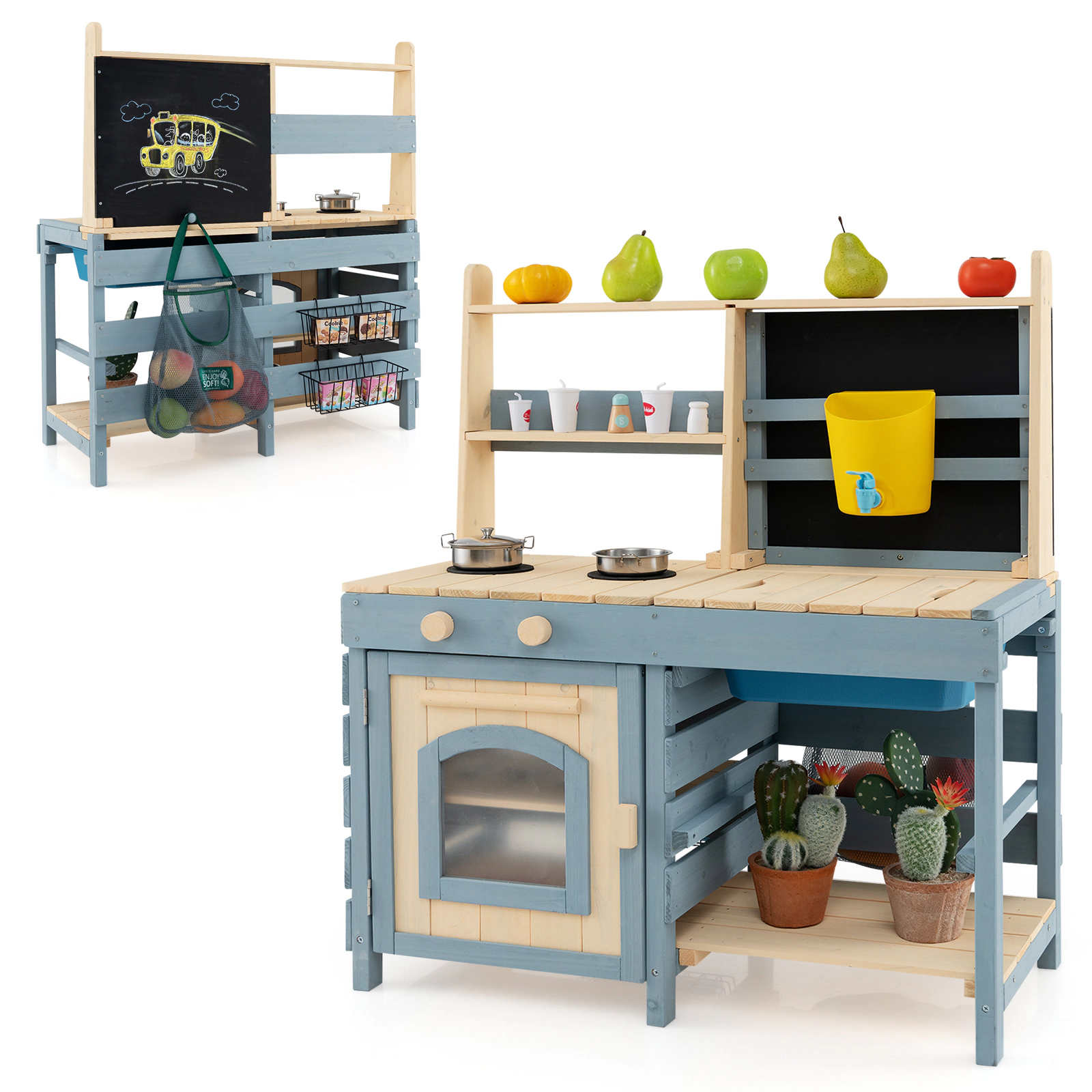 LJG Kids 2-In-1 Outdoor Mud Kitchen with Faucet and Extra Chalkboard