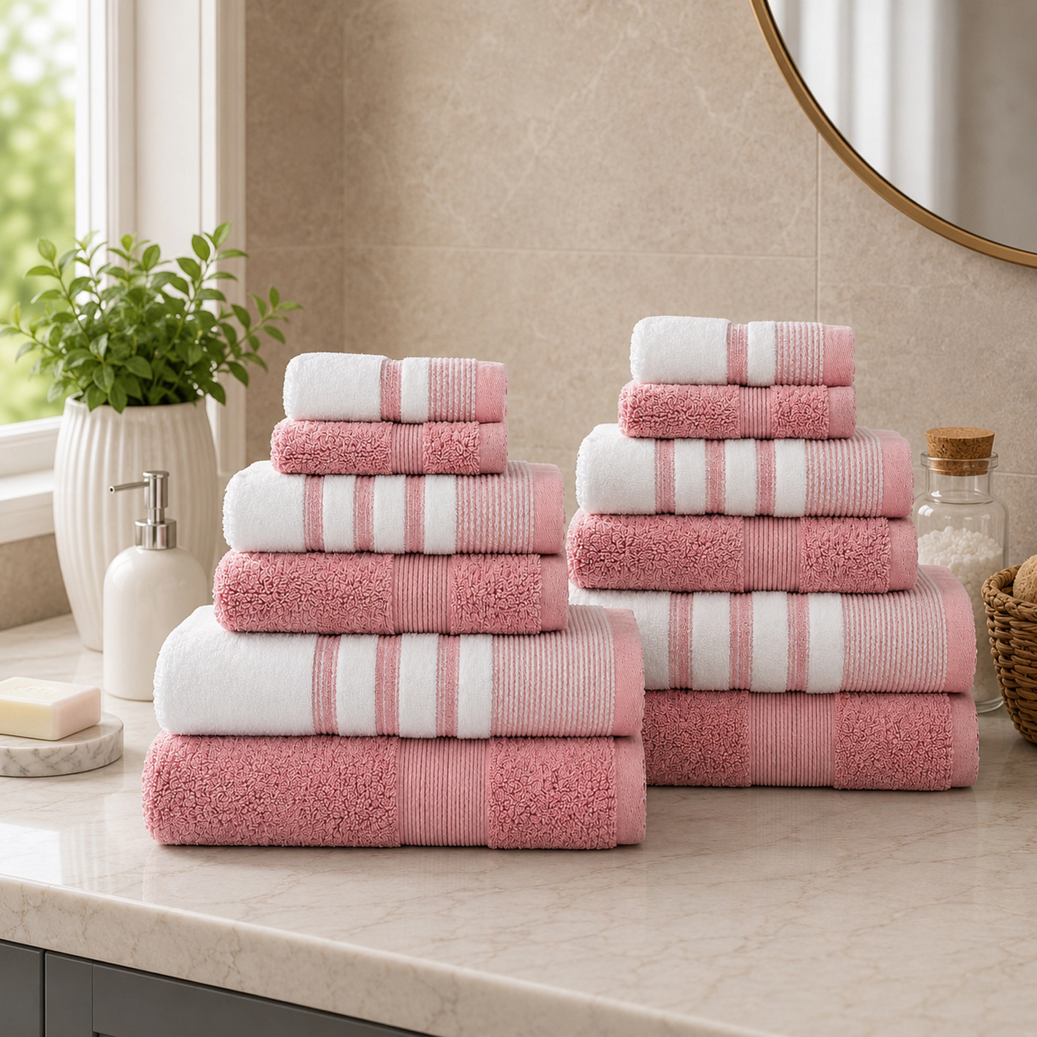 Plazatex Two Tone Zero Twist 100% Cotton Soft & Absorbent Piece Bathroom Towel Set Rose
