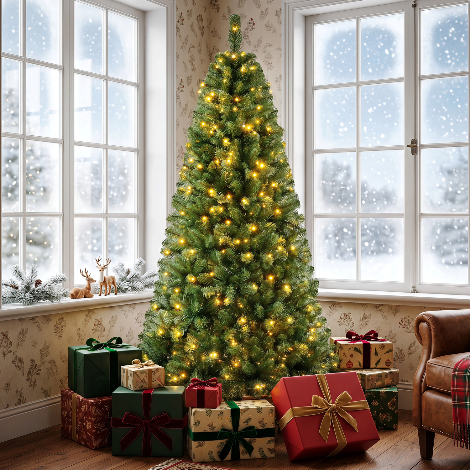 LJG Pre-Lit Green Artificial Christmas Tree with Full Branch Tips