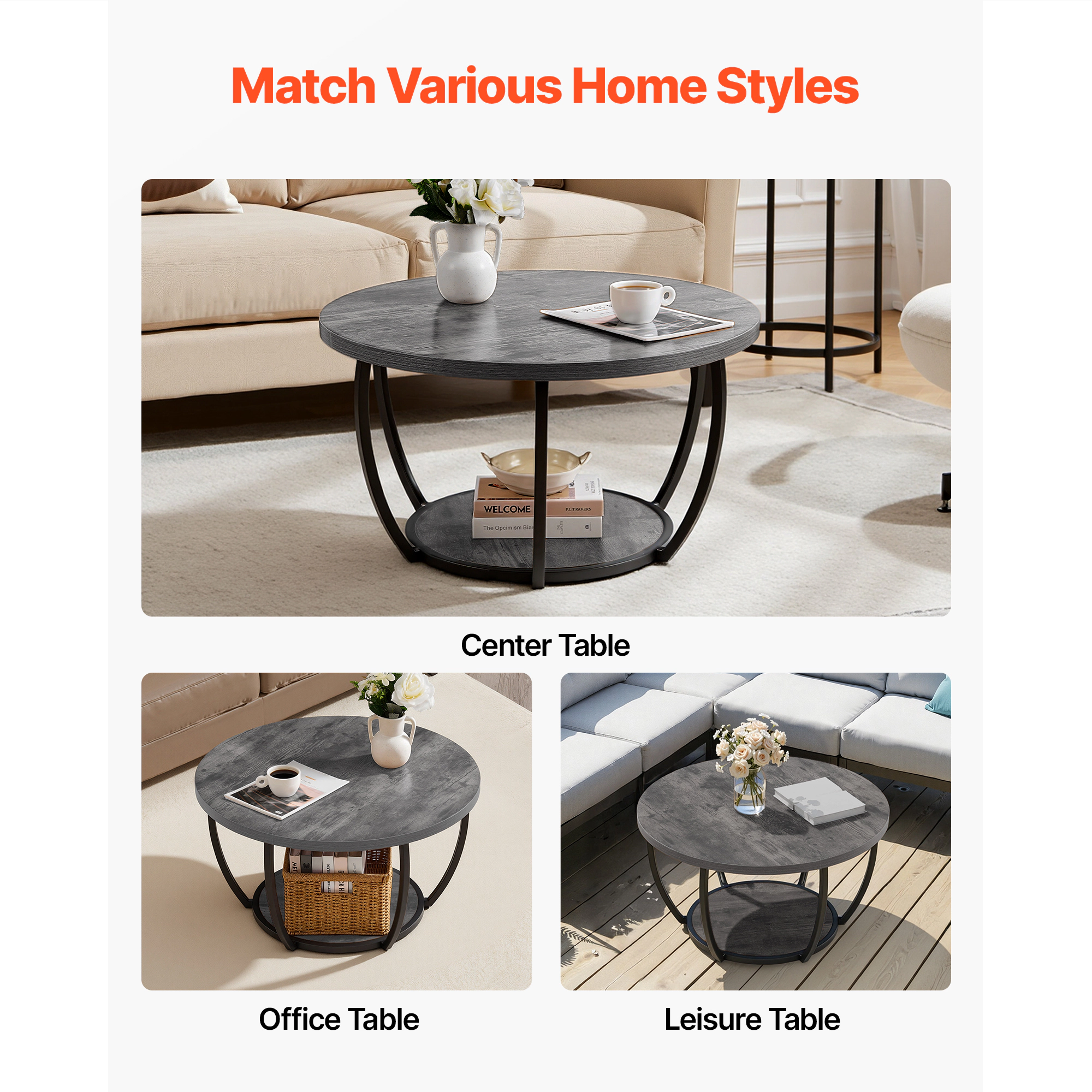 HONGGE Coffee Table Modern Round Coffee Table 2 Tiers Wooden Circle Center Desk with Open Storage Minimalist Sturdy