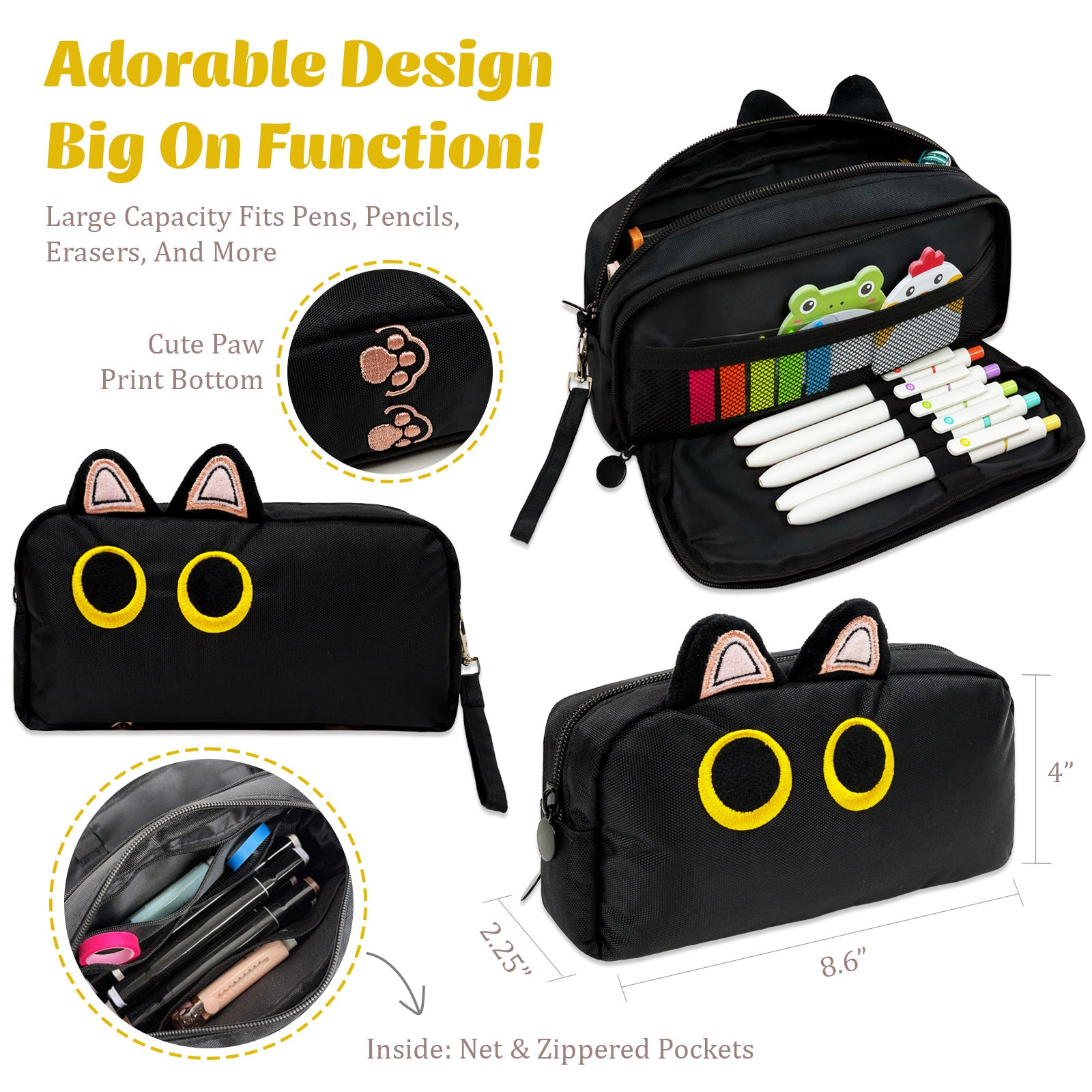 Wrapables 3D Cat 2-Compartment Pencil Case, Midnight Cat