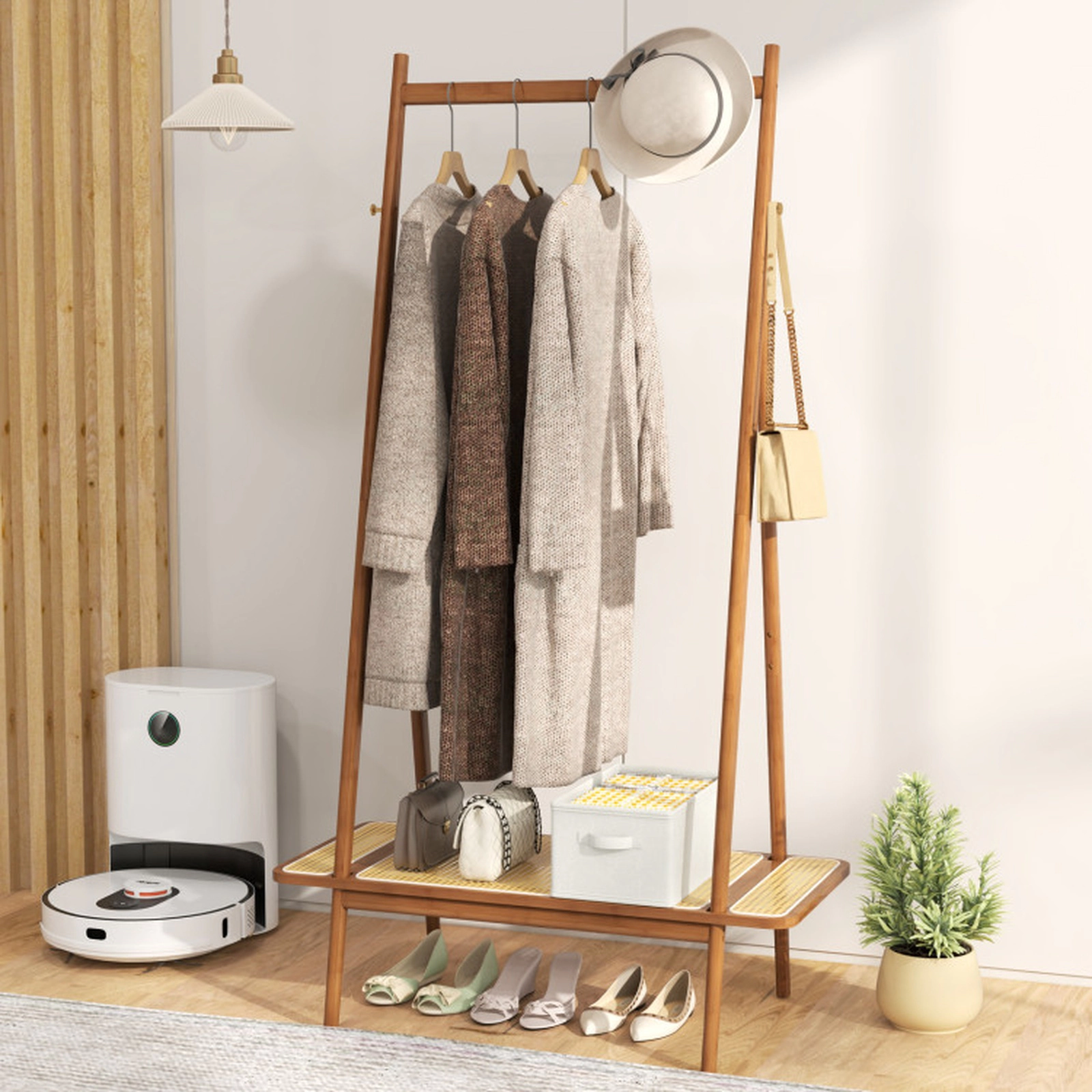 SUGIFT Bamboo Clothes Rack with Hanging Rod Rattan Shelf and Hooks