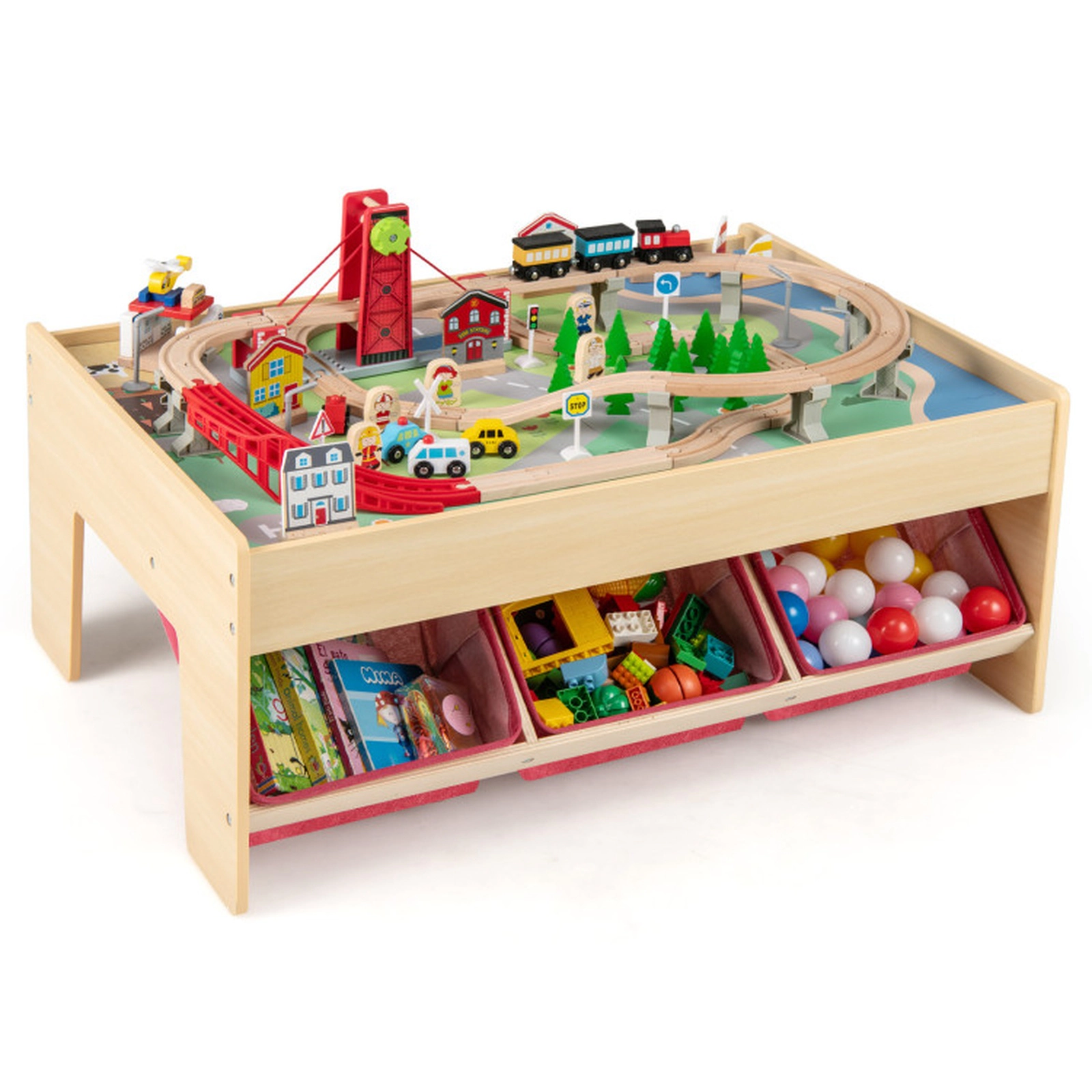 SUGIFT 94-Piece Wooden Train Table with Reversible Tabletops, Magnetic Trains and Fabric Drawers
