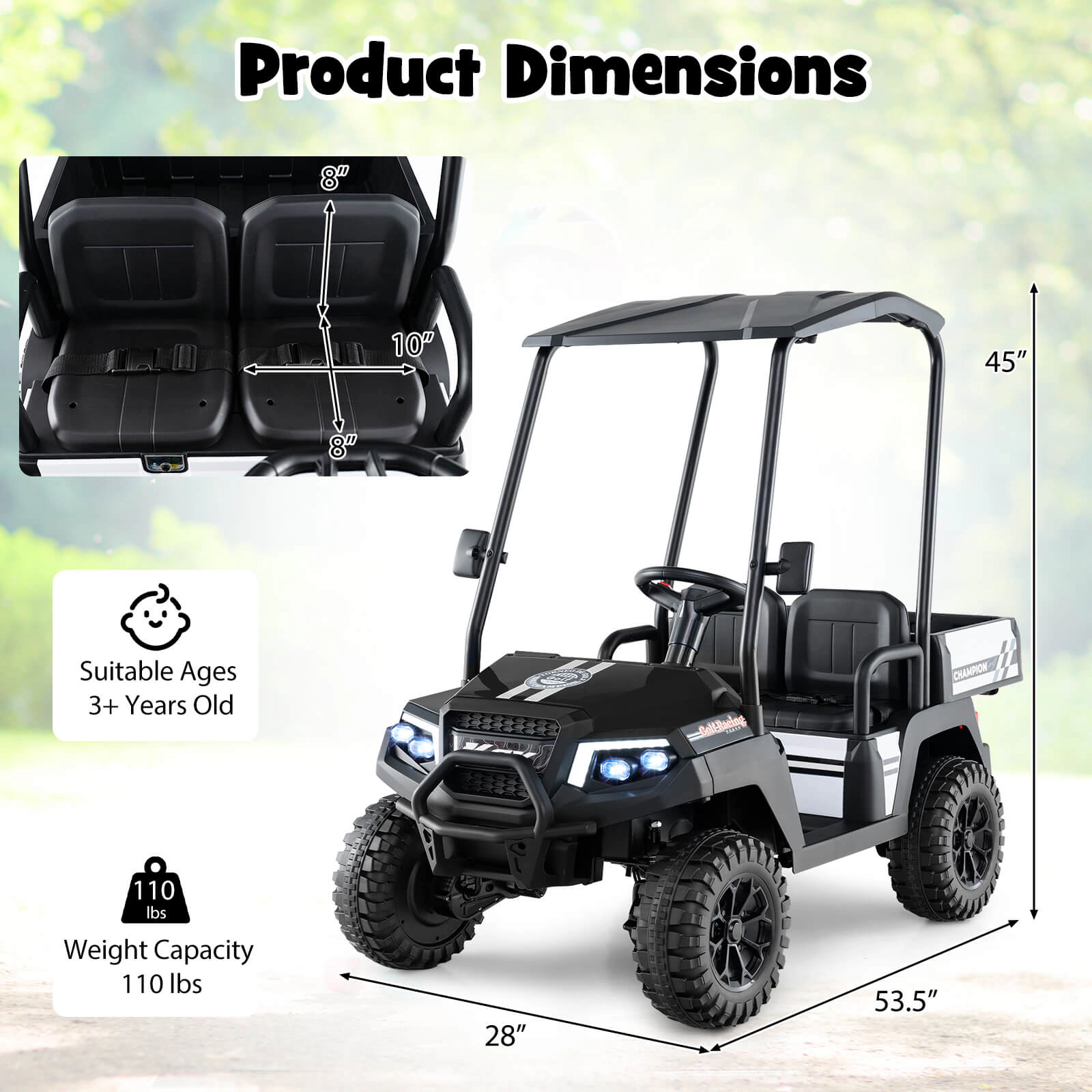 Costway 24V 7AH Kids Golf Cart 4WD 2 Seater Ride on Car w/Sun Shade & Dump Bed Black/Red/Pink/Navy