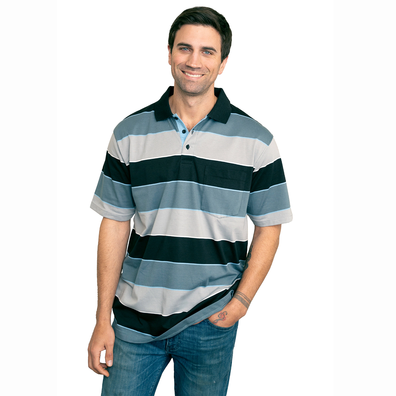 Gioberti Men's Slim Fit Wide Striped Polo Shirt With Pocket - Contrasting Collar Short Sleeve Yarn Dye