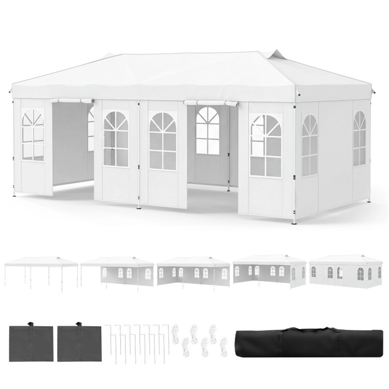 SUGIFT 10 x 20Pop Up Canopy Gazebo Tent with 6 Removable Sidewalls 3-Height Adjustable Metal Frame PE Fabric Roof White