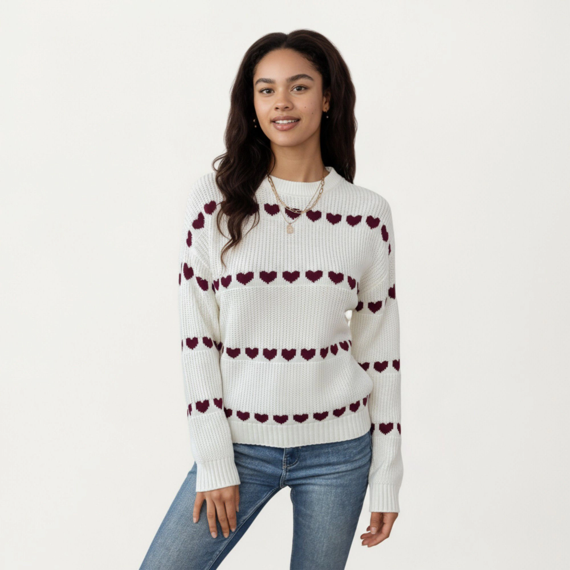 Anna-Kaci Women's Long Sleeve Valentine Knit Sweater with Heart Pattern and Ribbed Trim