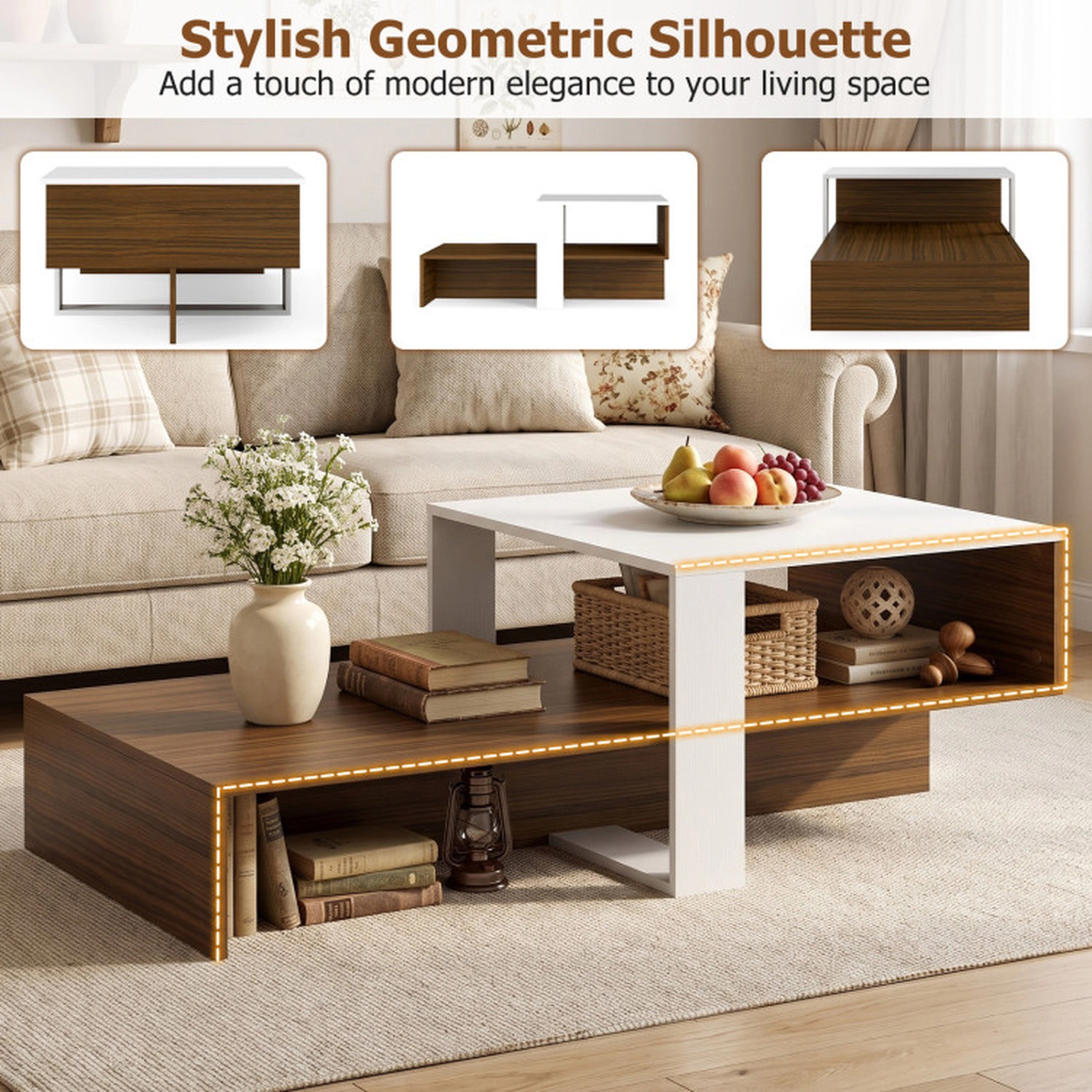 SUGIFT 2-Tier Irregular Offset Brown Open Shelf Low Modern Coffee Table 39.5-in x 21-in x 13-in 66-lb Capacity White