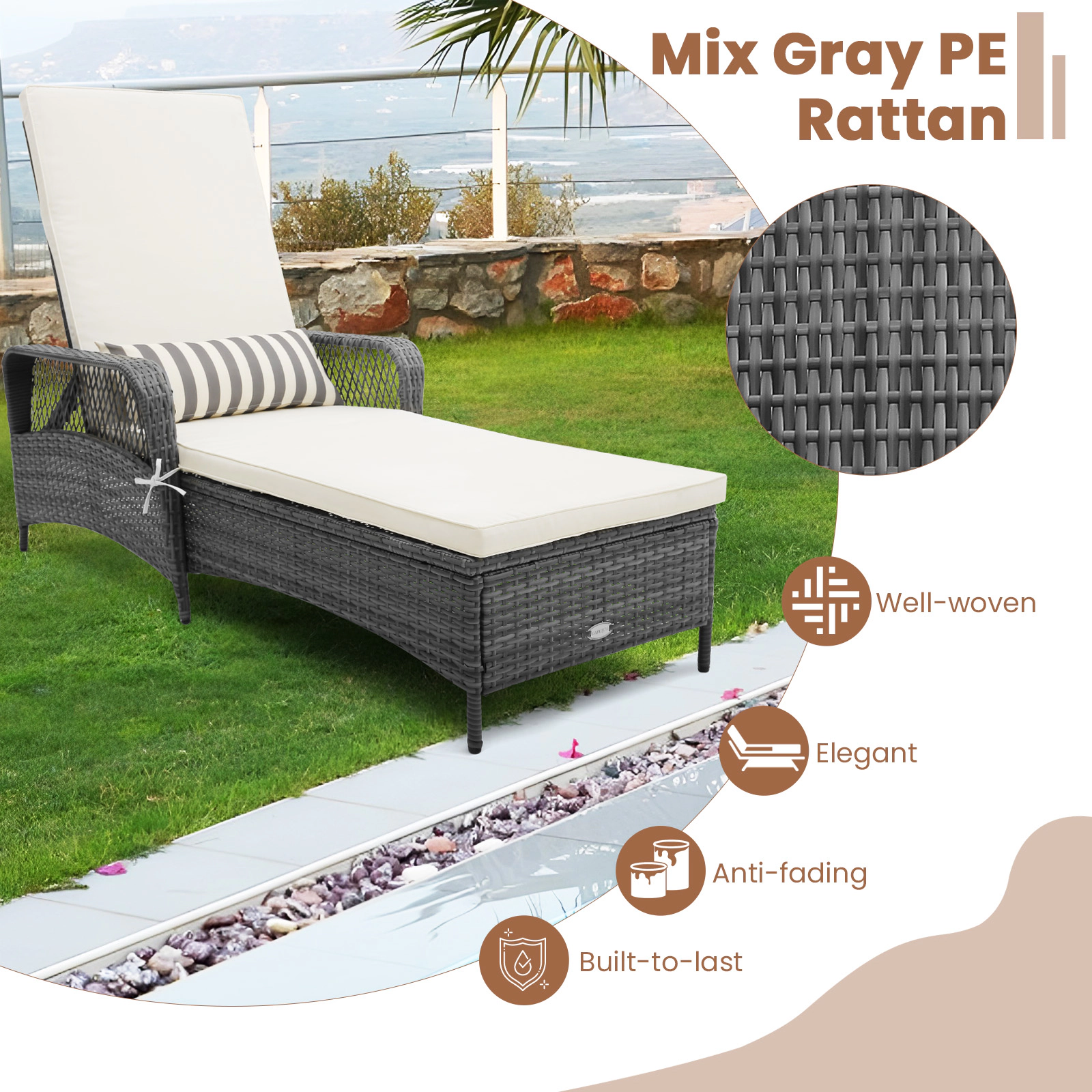 Hivvago Outdoor Chaise Lounge Chair Recliner With 6-Level Backrest Cushion And Pillow