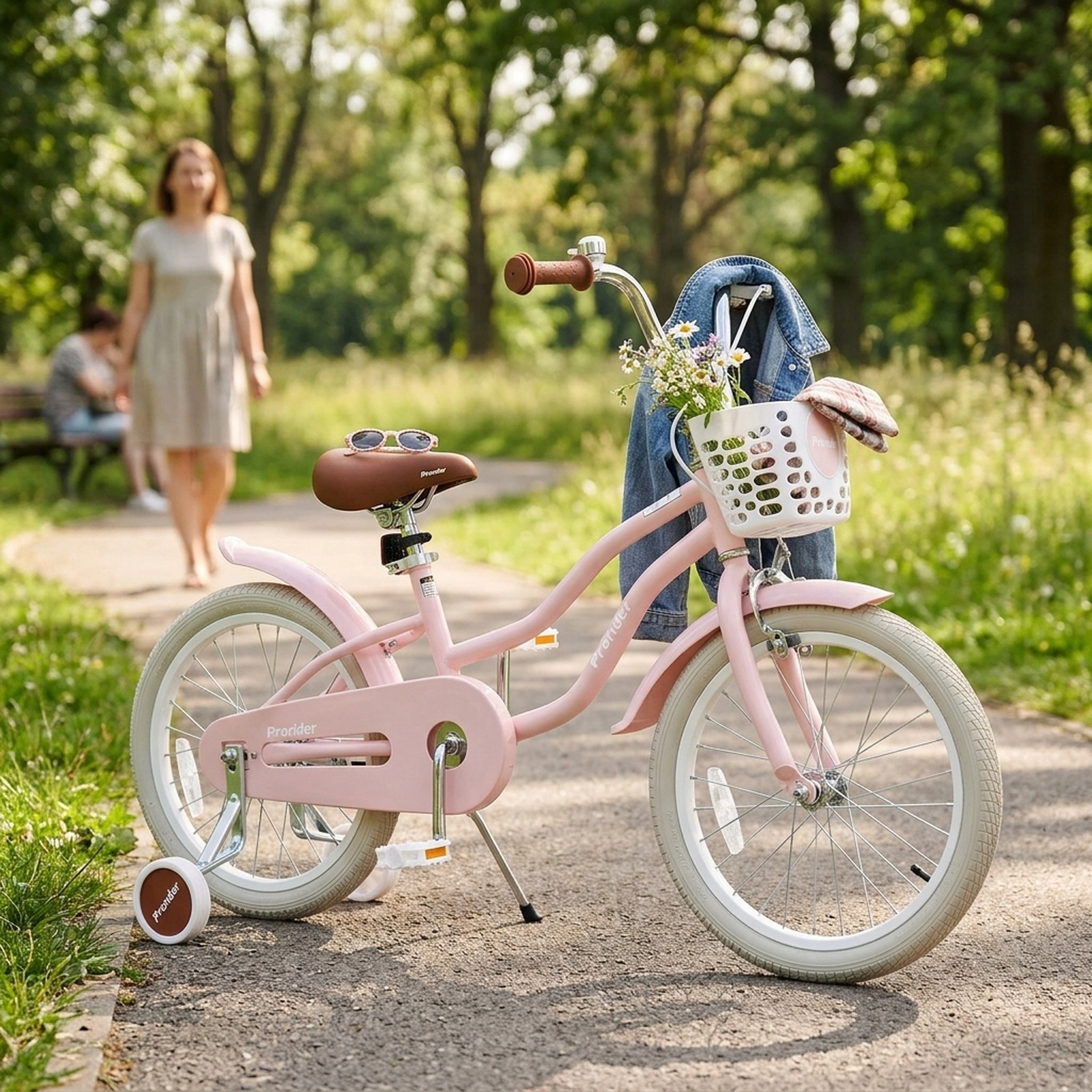 18-in Kids Bike Front Handbrake Rear Coaster Brake Removable Storage Basket Height Adjustable Handlebar Seat Pink