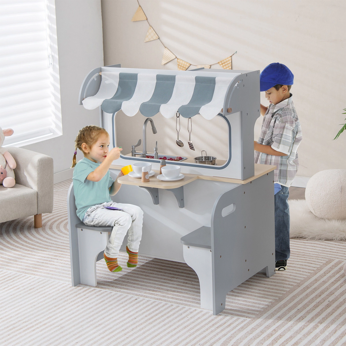 SUGIFT Gray 2-Seat Cafe Counter Double Sided Kids Pretend Play Kitchen Playset