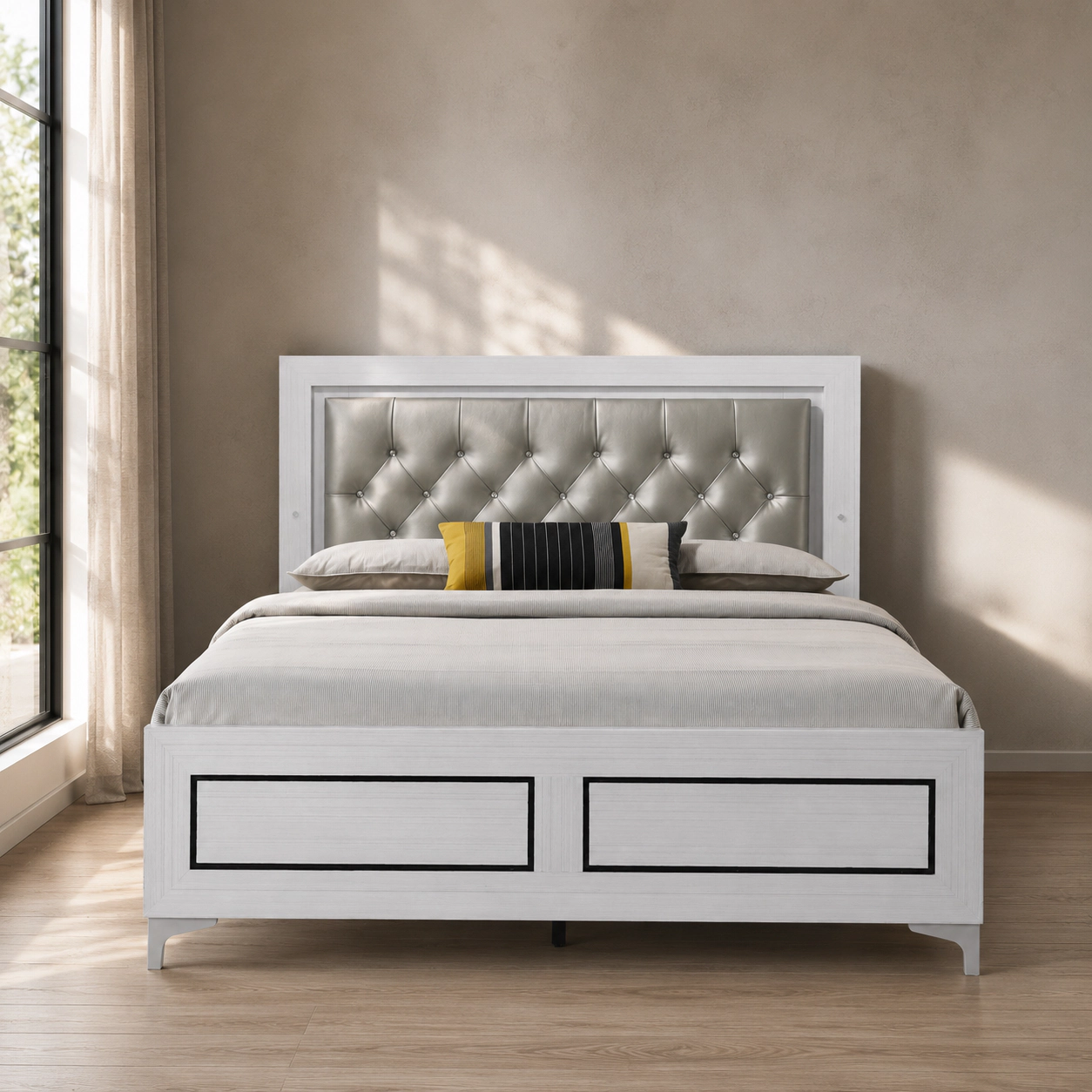 Flynama Casilda Queen Bed with LED, Gray Leatherette & White