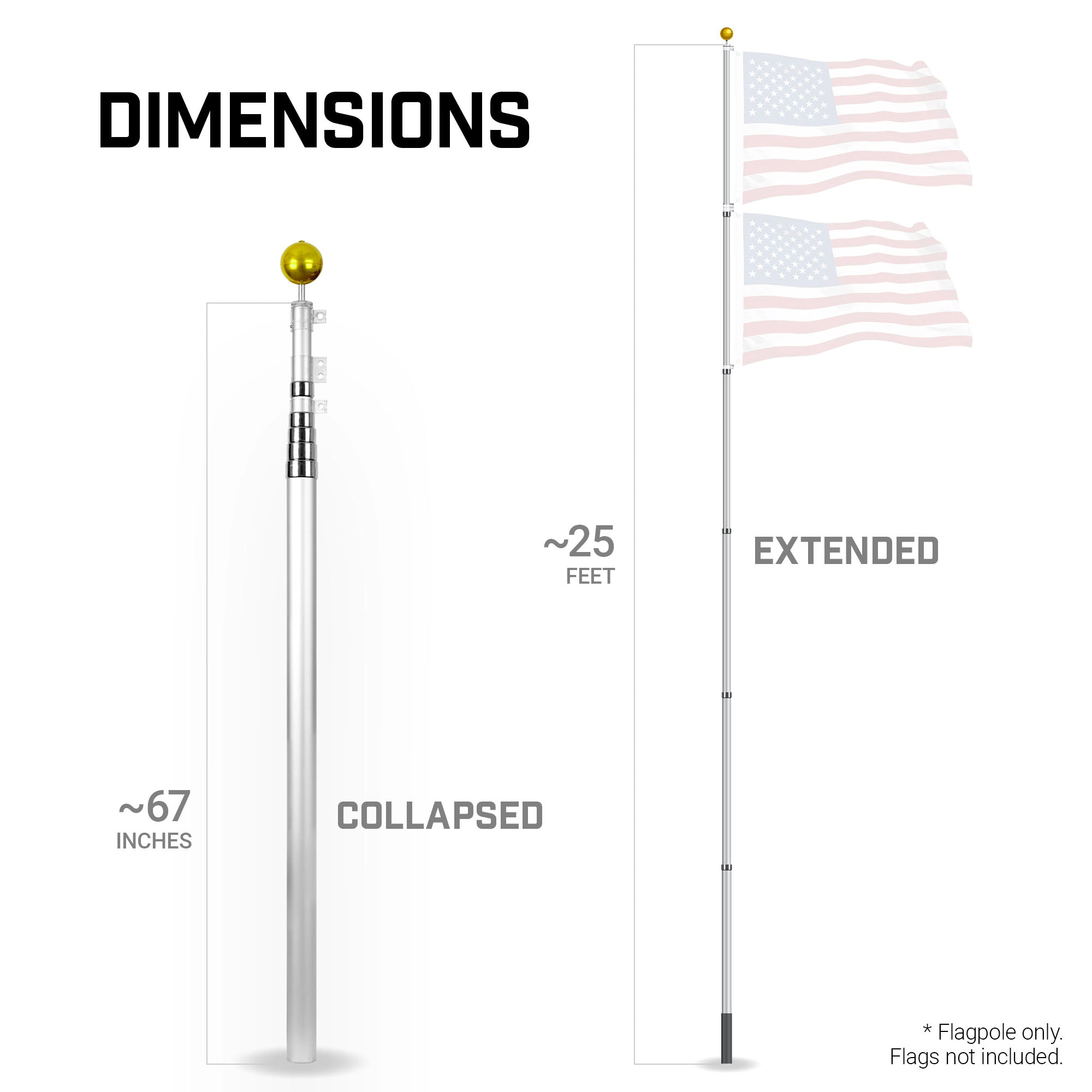 G128 25ft Telescoping Aluminum Flagpole Silver - Heavy-Duty In-Ground, 6-25 ft Adjustable