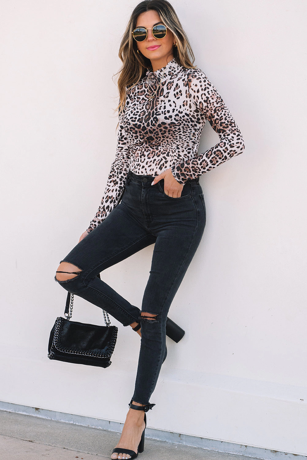 Threaded Pear Women's Leopard Smocked Neck Mesh Long Sleeve Bodysuit