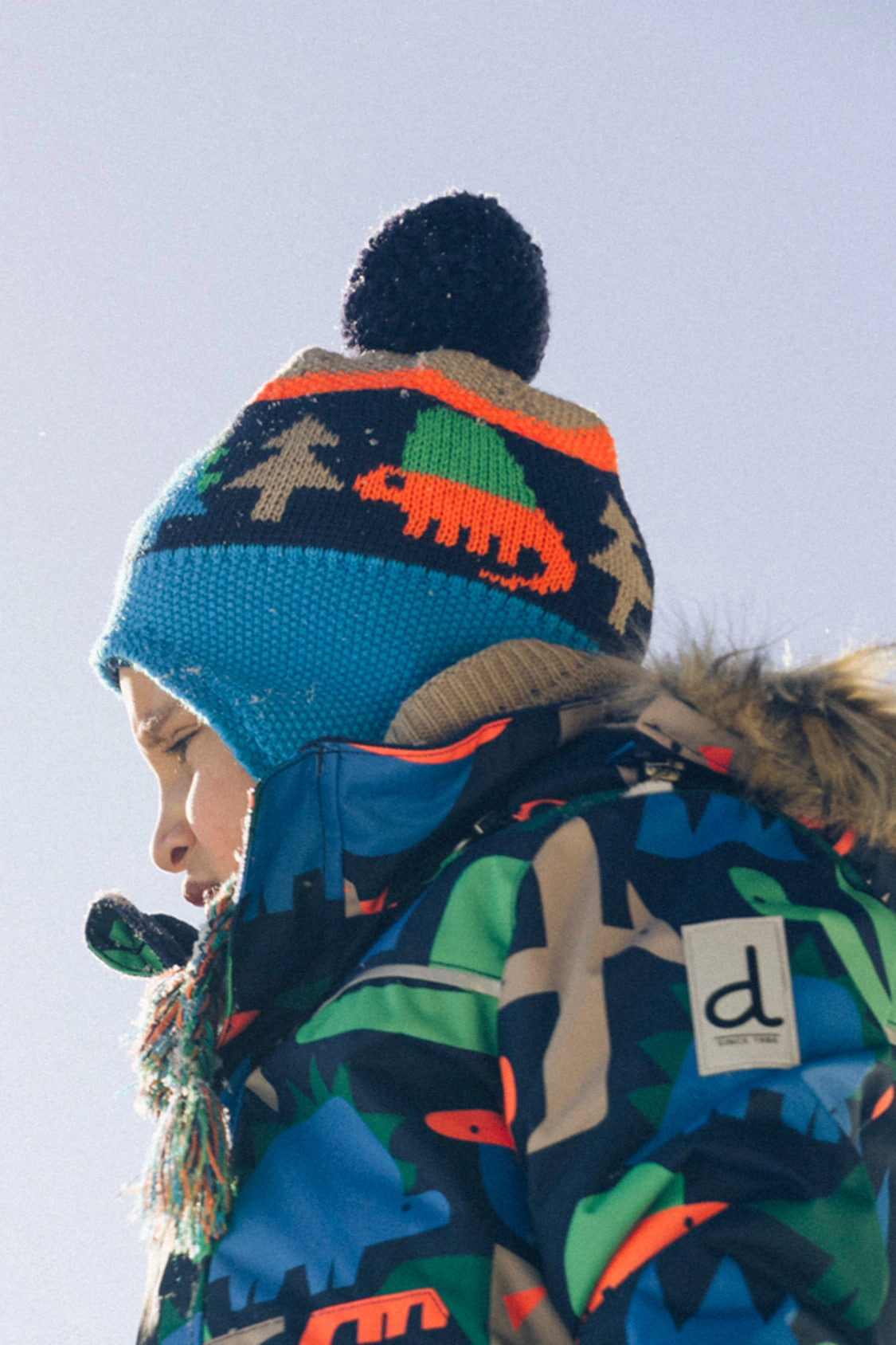 Deux par Boys Dinosaur Print Winter Peruvian Knit Hat with Pompom