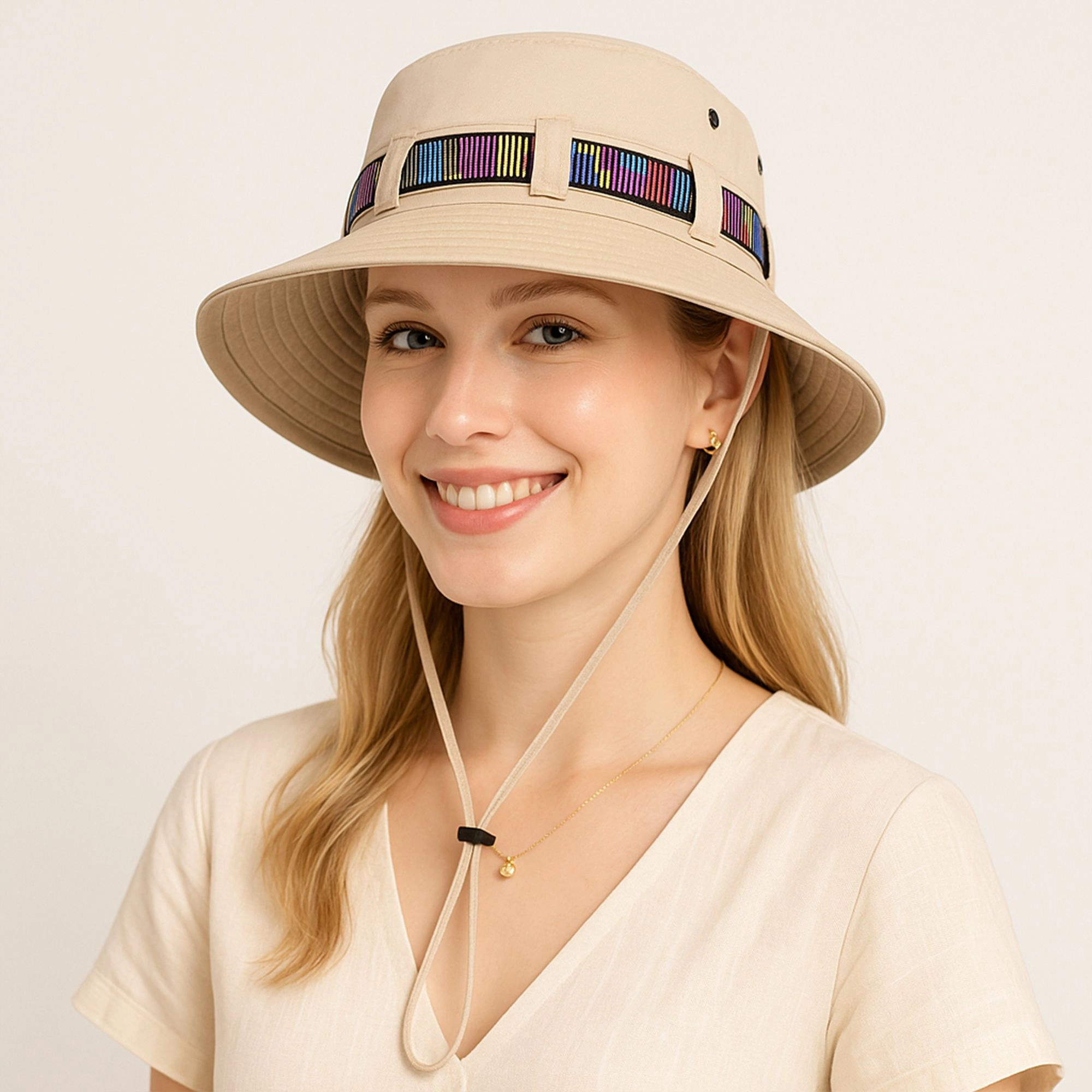 Anna-Kaci Wide Brim Bucket Hat with Colorful Ribbon Trim Breathable Mesh Lining and Adjustable Chin Strap