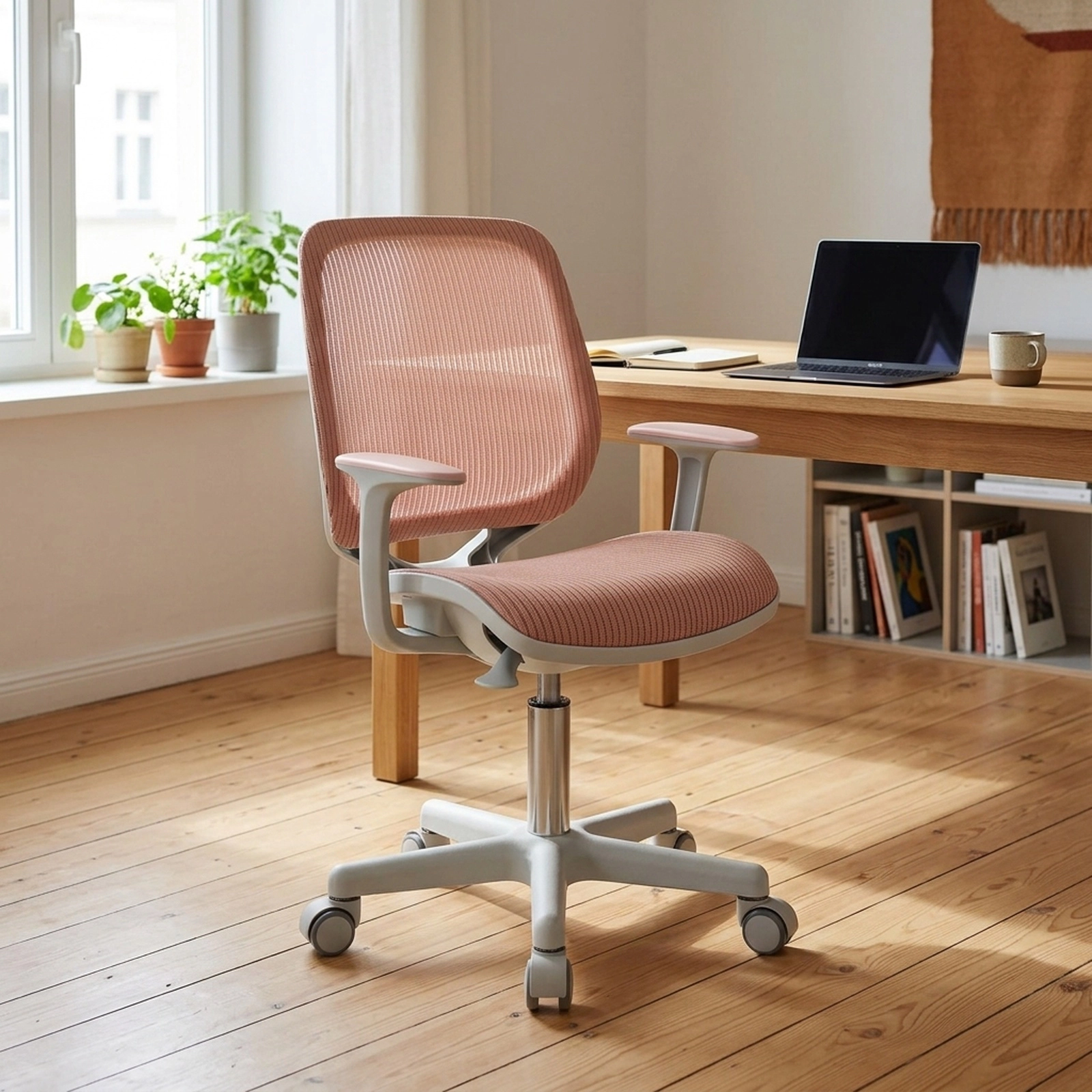 SUGIFT Pink Kids Desk Chair, Adjustable Mesh Study Chair with Swivel and Sit-Brake Casters