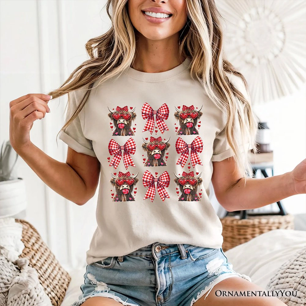OrnamentallyYou Womens Highland Cow Coquette Bow Valentine T-Shirt