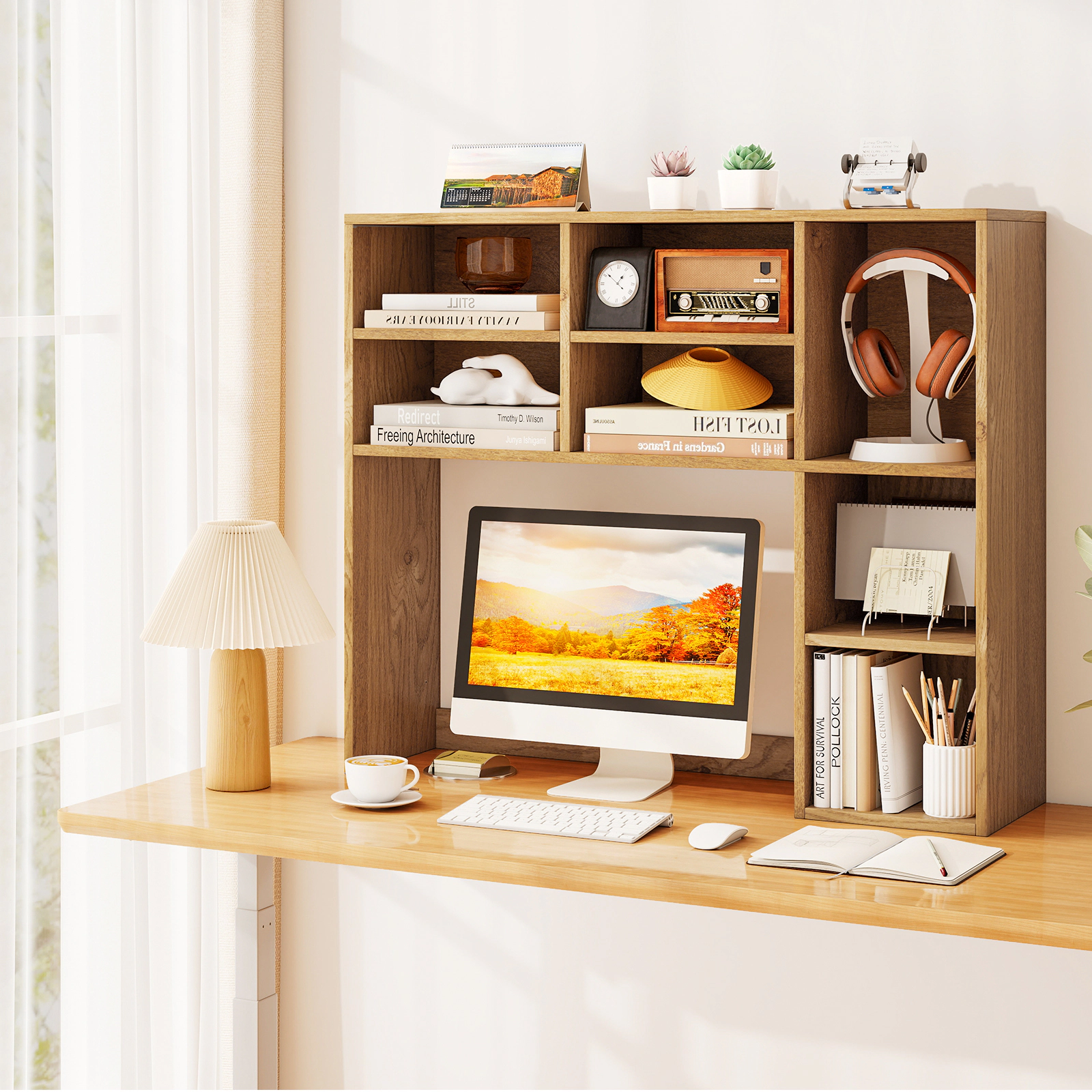 SUGIFT Desktop Bookshelf with 7 Open Cubbies and 3 Adjustable Shelves 210-lb Capacity 37-in Wide Natural Brown White