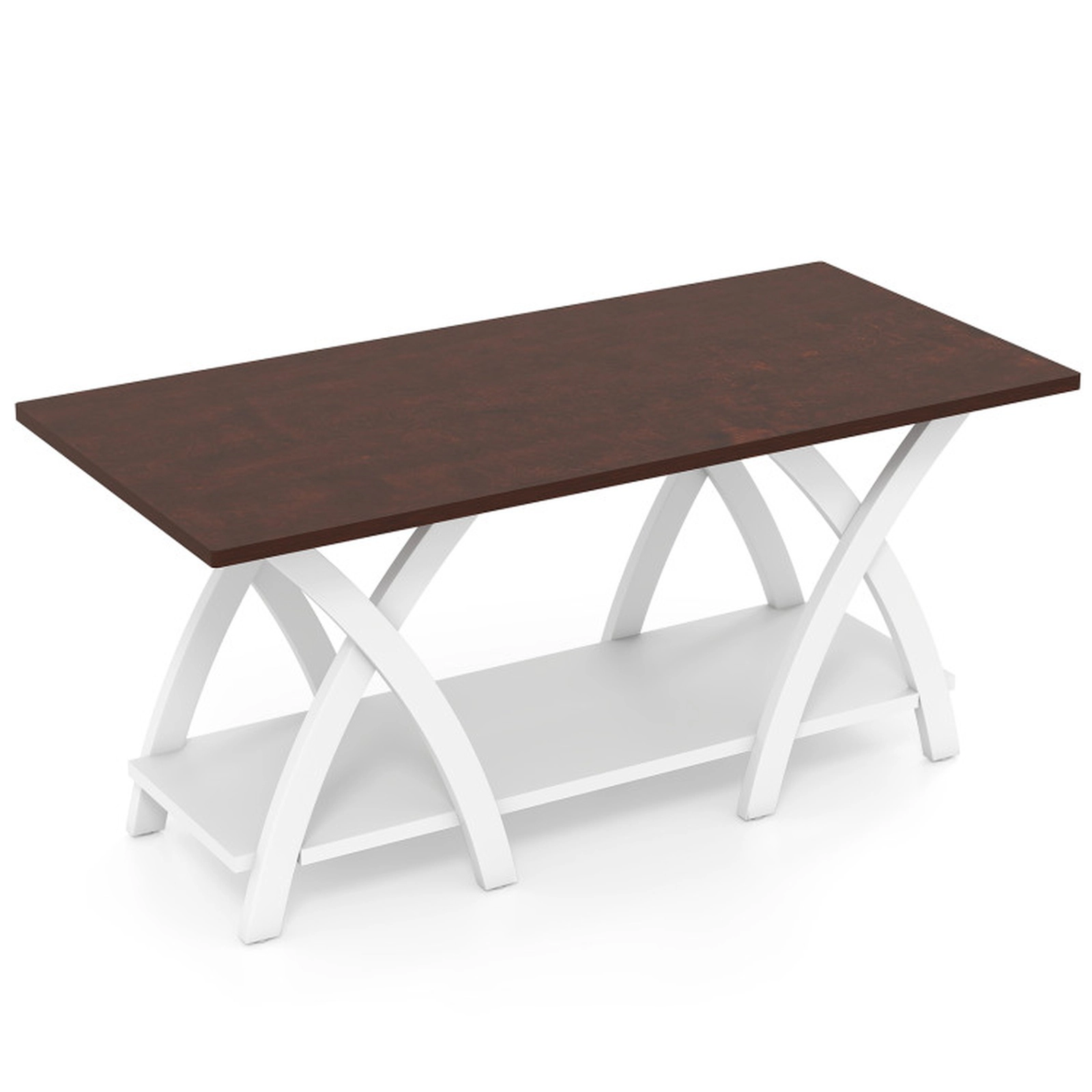 SUGIFT 40-in Farmhouse Wooden 2-Tier Coffee Table with Storage Shelf 155-lb Capacity Rubber Wood Walnut + White