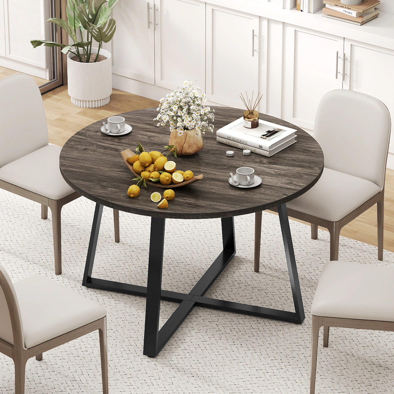LJG 47 Inch Round Dining Table with Stable x-Shaped Base and Thickened Tabletop