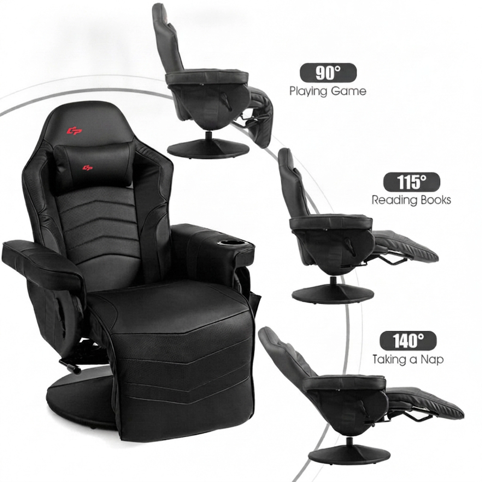 SUGIFT Black Massage Gaming Recliner Chair, 8 Modes, Footrest, Cup Holder