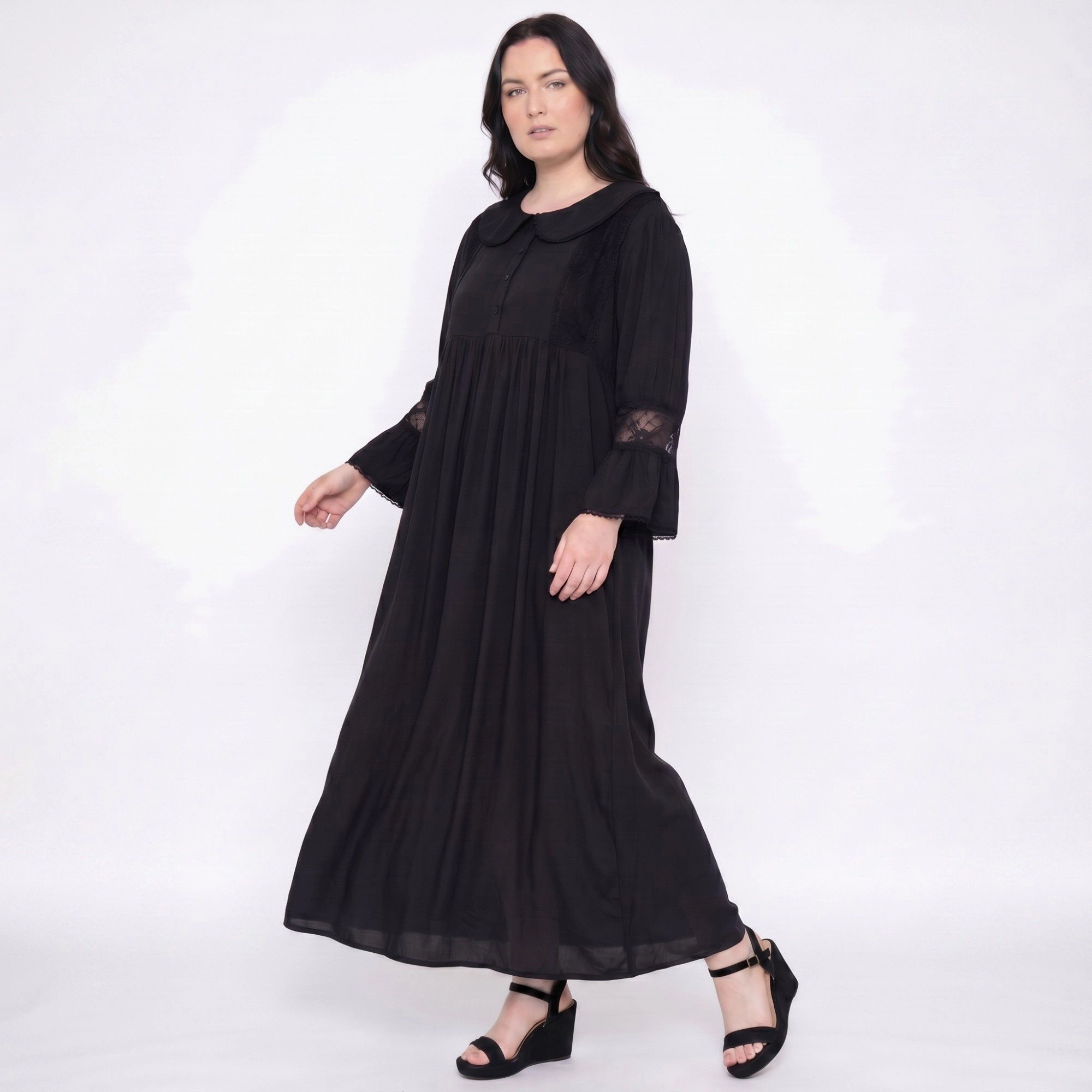 Anna-Kaci Women's Long Sleeve Button Front Maxi Nightgown Peter Pan Collar Lace Trim Sleep Dress
